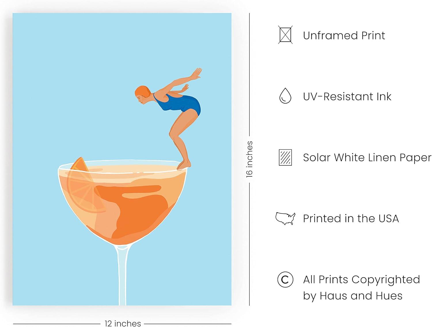 HAUS AND HUES Preppy Pictures Bar Art - Colorful Cocktail Prints, Bar Cart Accessories, Minimalist Blue and Orange Picture for Room Aesthetic, Bar Wall Decor, Vintage Aperol Spritz (12x16 Unframed)