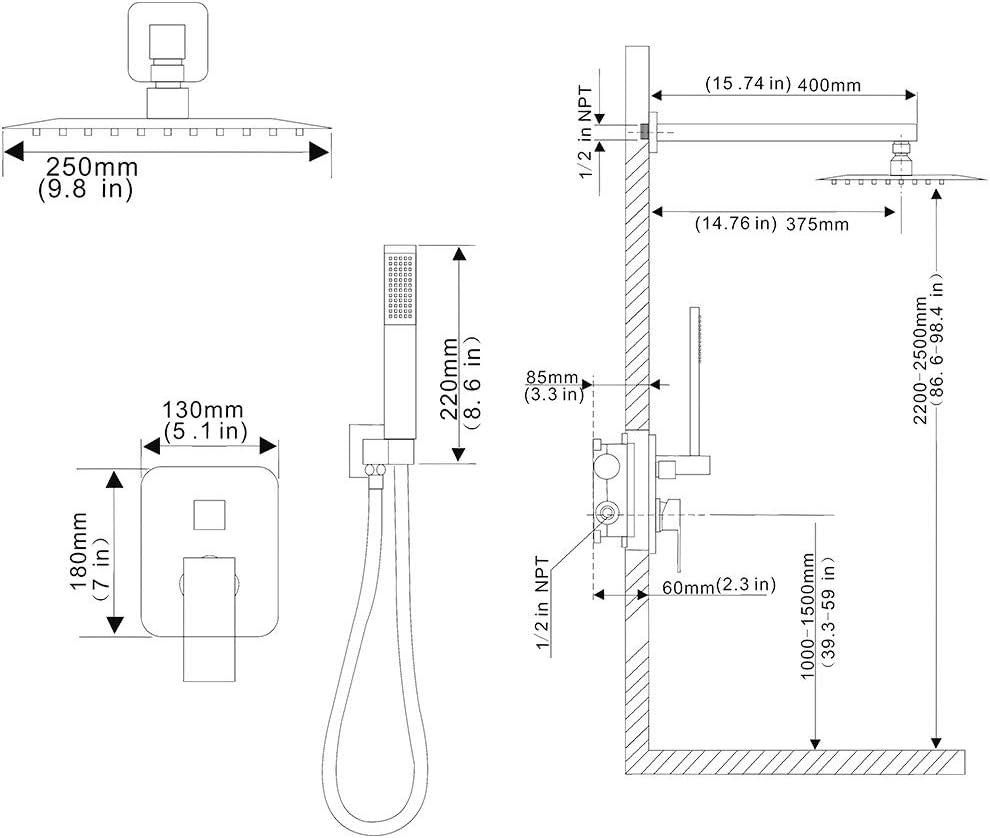 Matte Black Wall Mounted Rainfall Shower System with Handheld