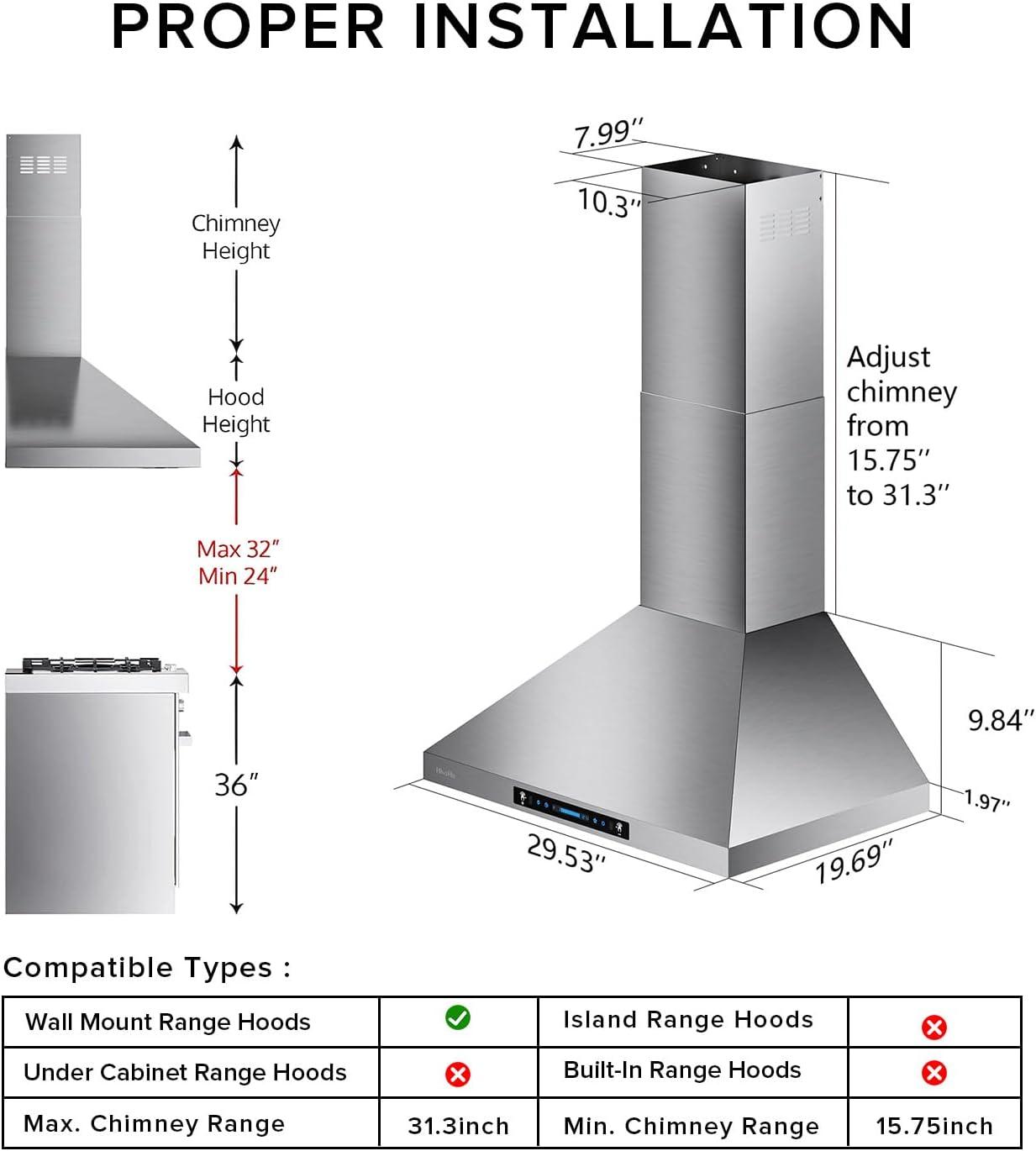 HisoHu Wall Mount Range Hood with Ducted/Ductless Convertible Duct, 30 Inch 780 CFM Stainless Steel Vent Hood, 4 Speed Gesture Sensing Exhaust Hood with Dimmable LED lights(A02-30")