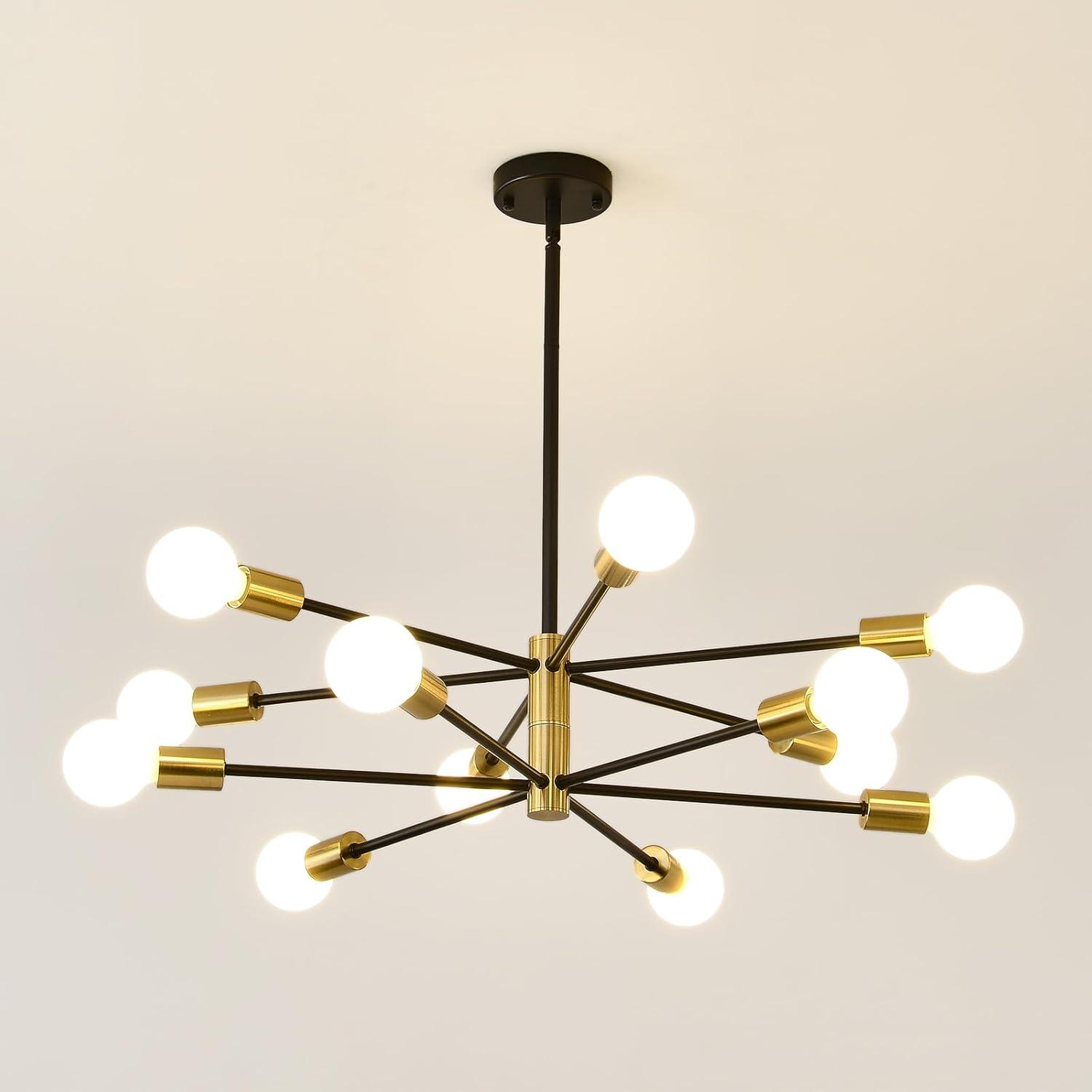 Modern Sputnik Chandelier Ceiling Light Fixture 12-Light E26 Industrial Chandeliers Black Gold Farmhouse Chandelier Height Adjustable Chandeliers for Dining Room, Living Room, Kitchen Island