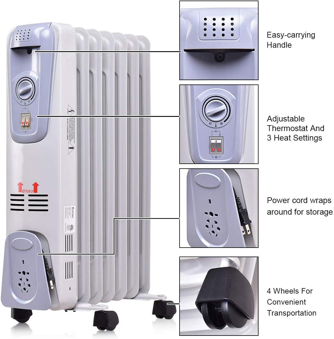 White 1500W Oil Filled Radiator Heater with Thermostat