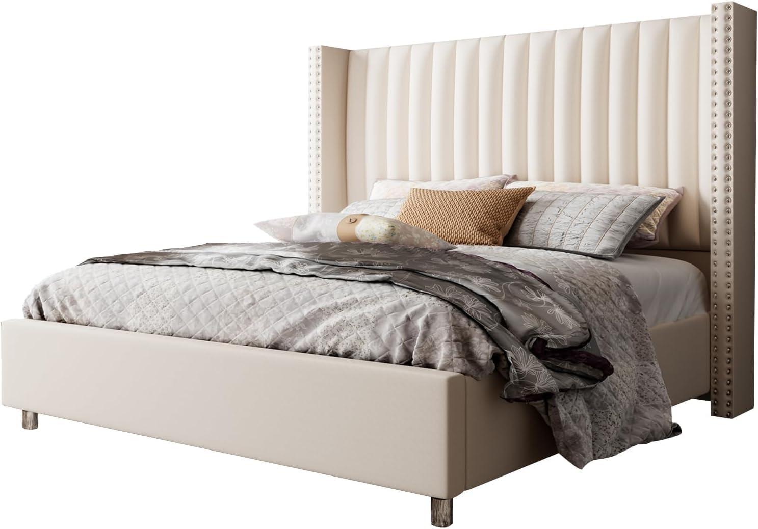 Cream Velvet King Platform Bed with Tufted Upholstered Headboard