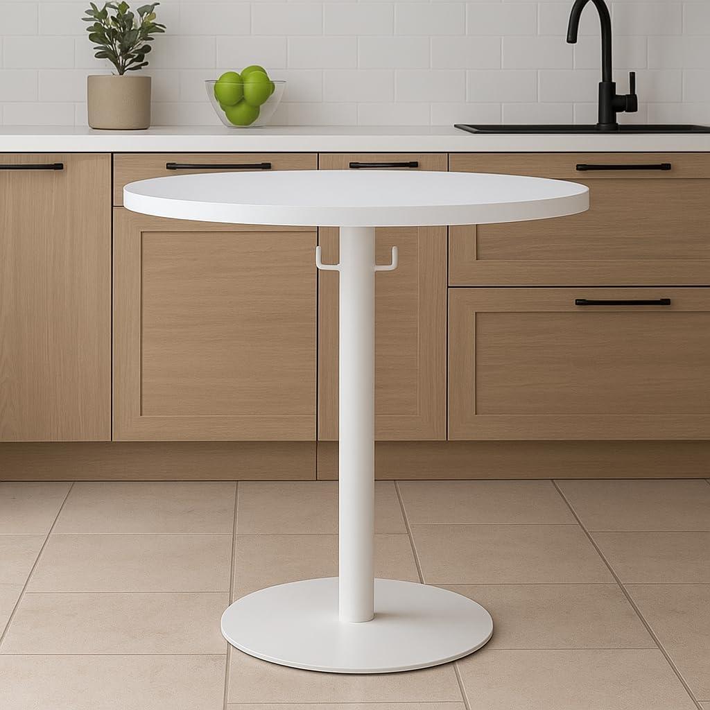 Proman Products Cava Round Solid Wood Coffee Table with Metal Base and Hooks for Bags Purses, White