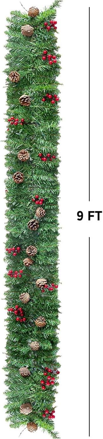 Cyinyin 9 FT Artificial Christmas Garland, Christmas Garland with 50 LED Lights, Garlands for Decoration Christmas with Pinecones Red Berries Pine Needles for Xmas Mantle Table Indoor Outdoor Decor