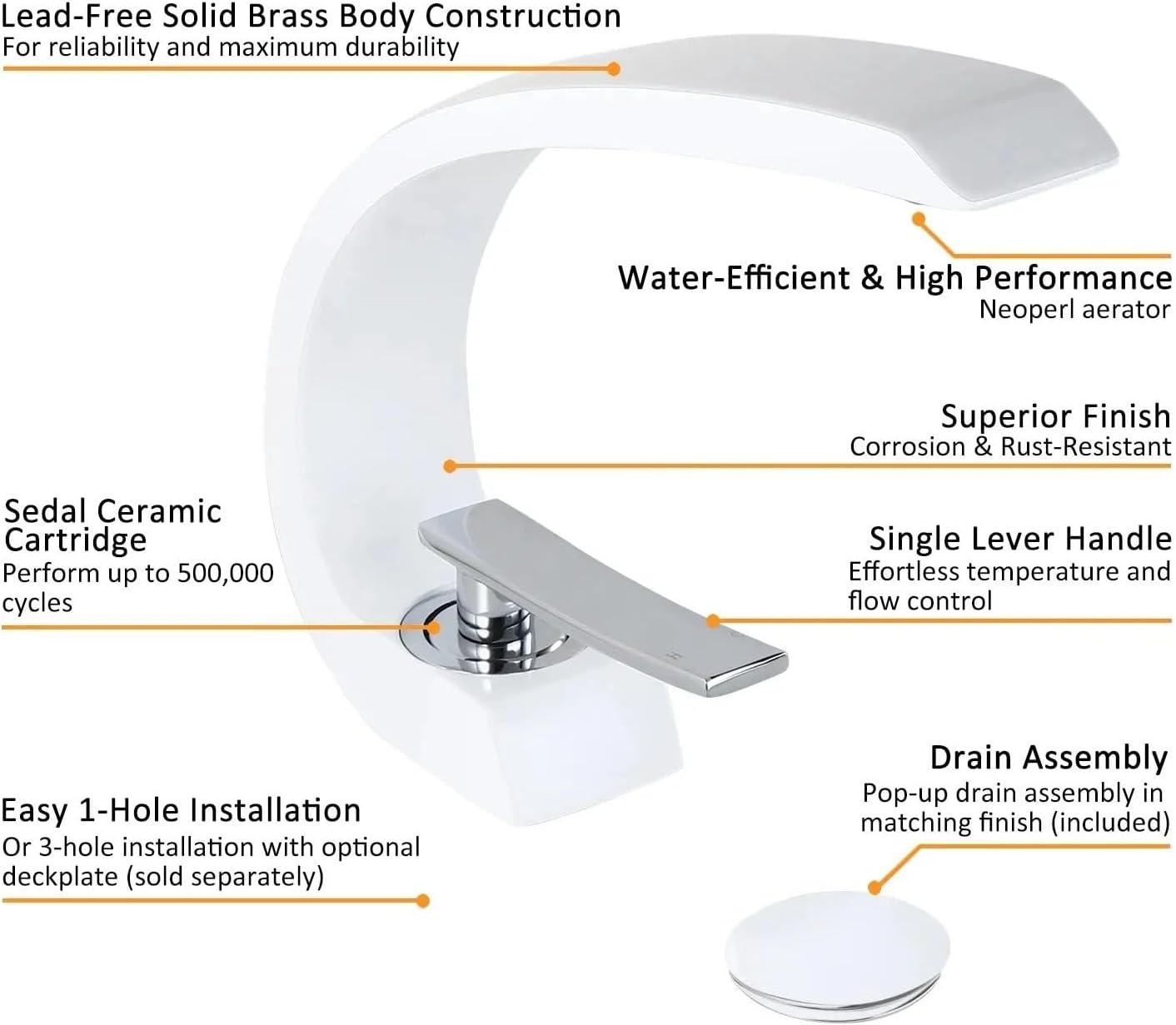 Glossy White and Chrome Curved Bathroom Faucet with Single Lever