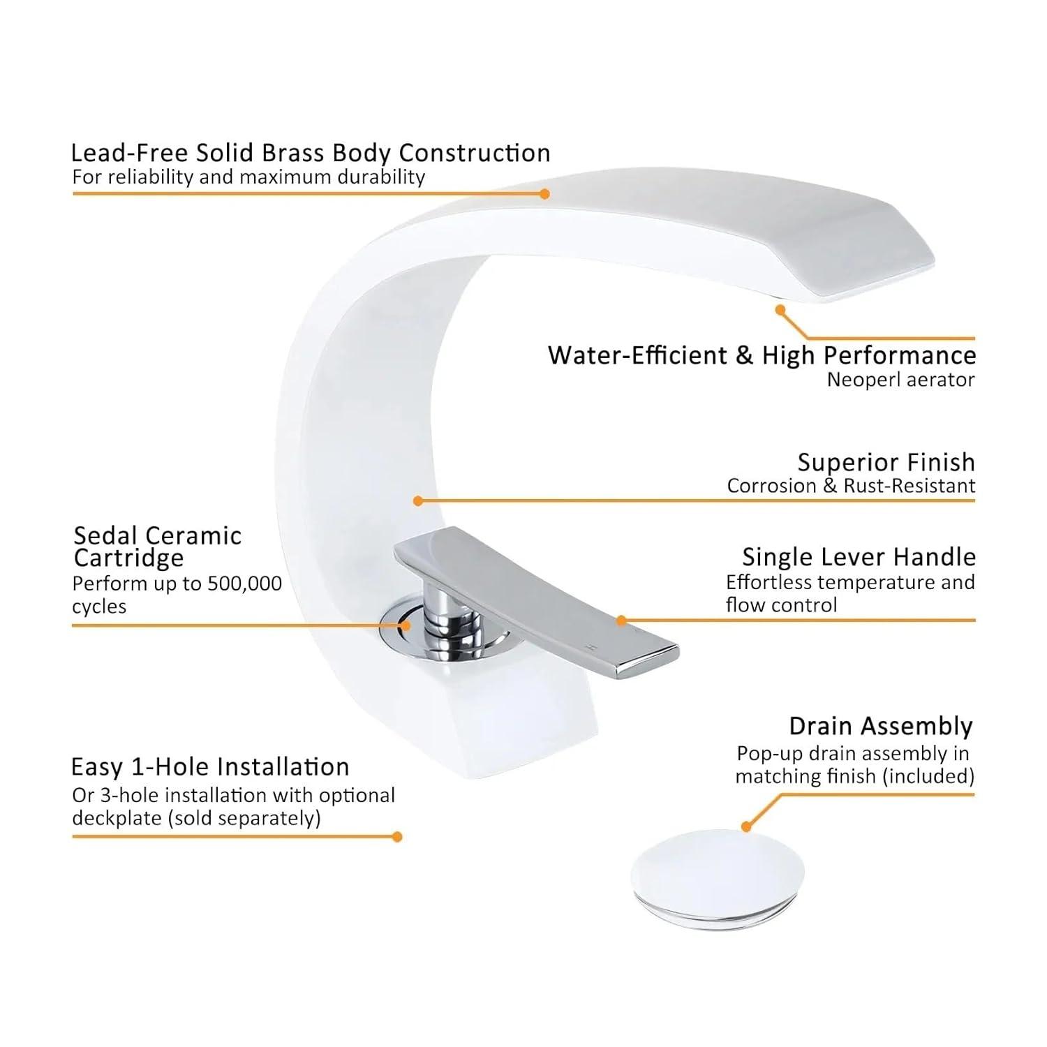 Glossy White and Chrome Curved Bathroom Faucet with Single Lever