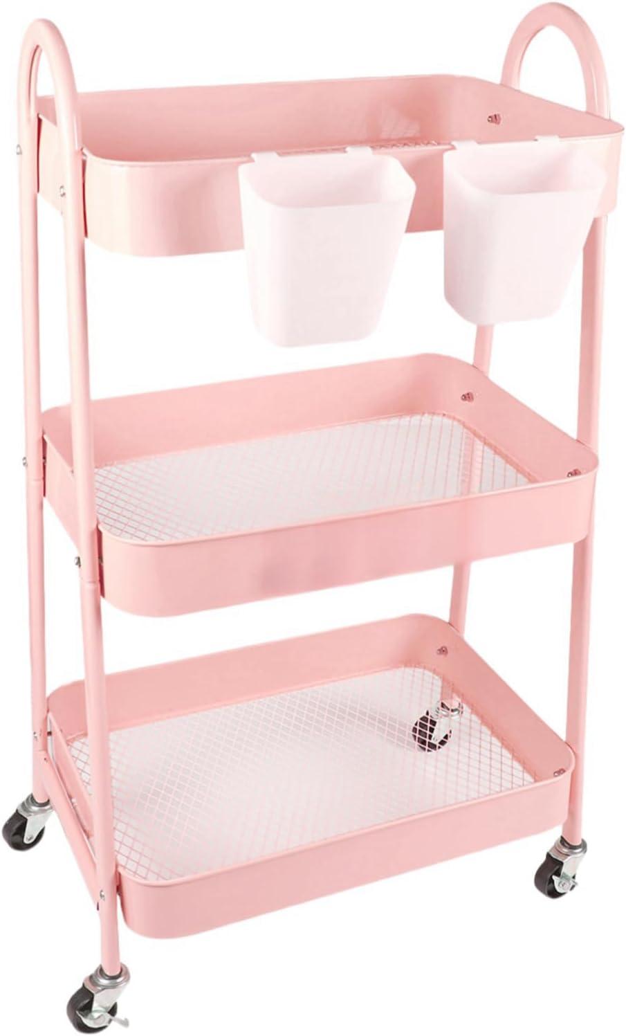 Pink 3-Tier Metal Rolling Kitchen Storage Cart with Wheels