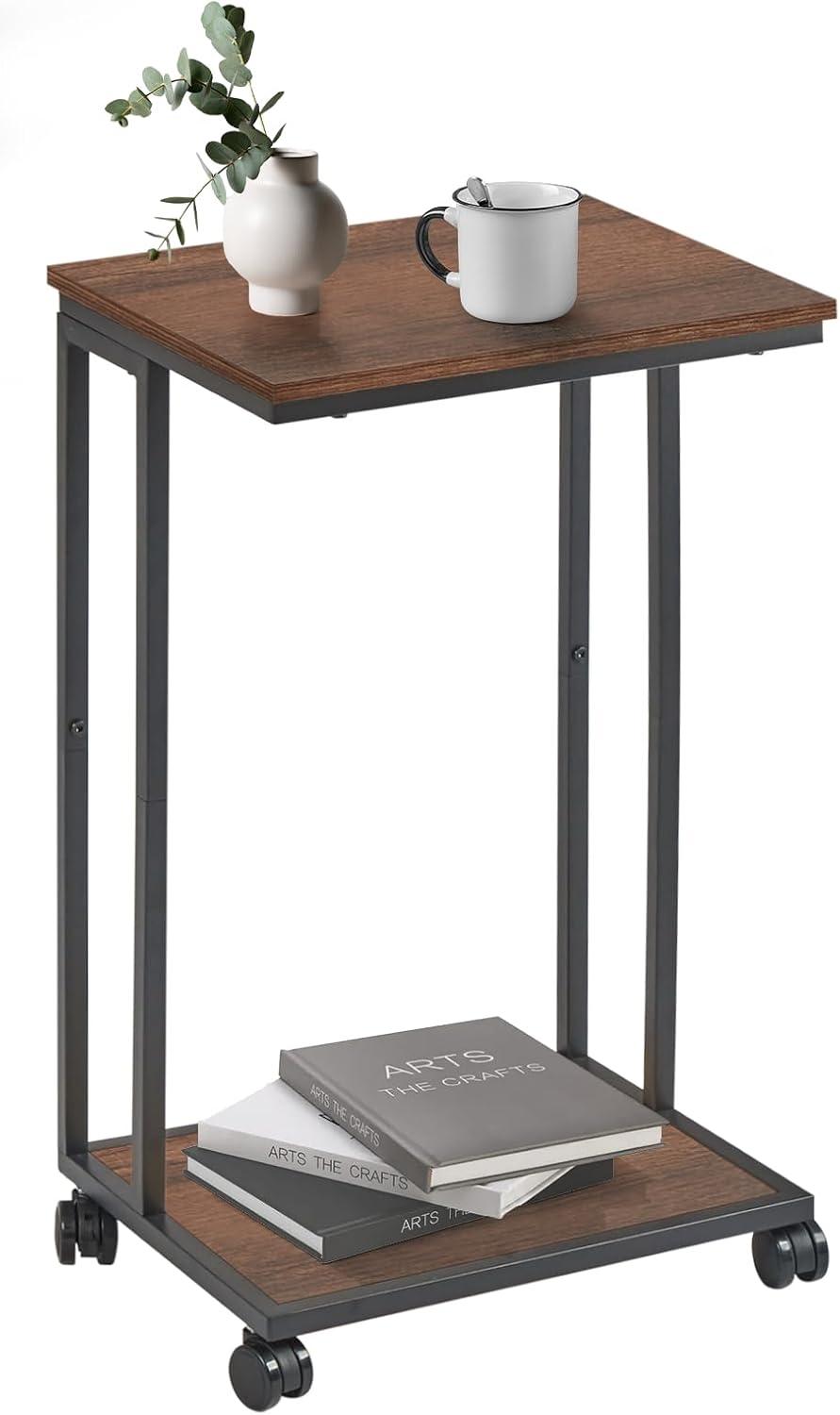 JJS Side End C Table for Sofa, Living Room Couch Table Snack Table That Slide Under for Small Spaces, Walnut/Black