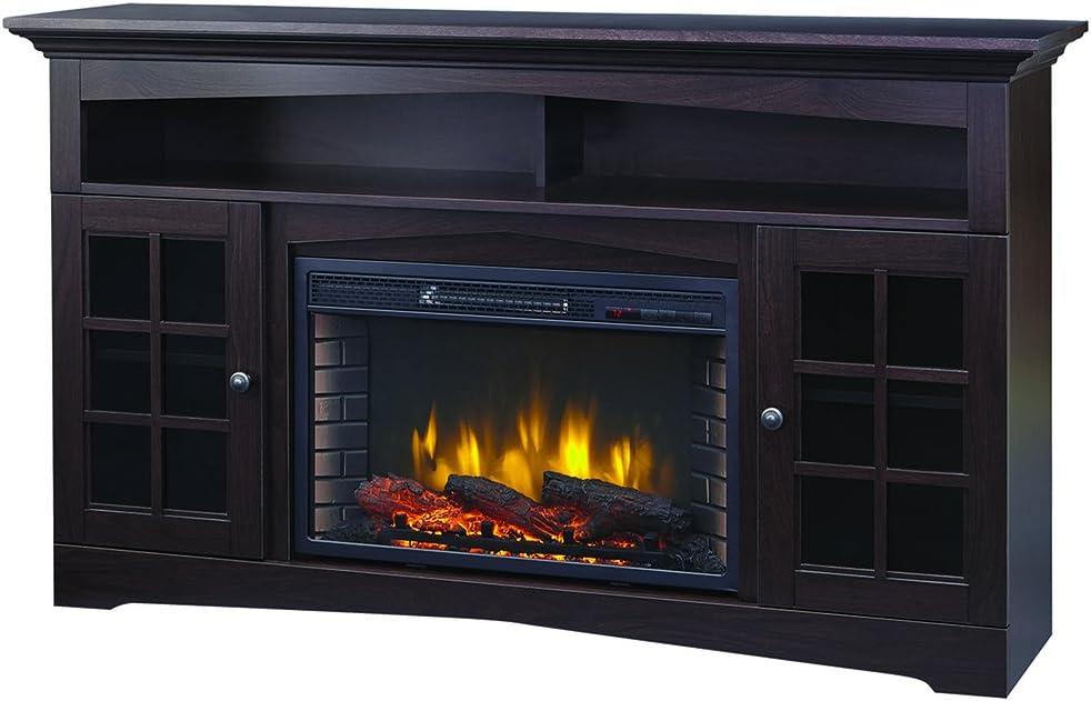 Espresso 59'' Media Console with Electric Fireplace and Glass Cabinets