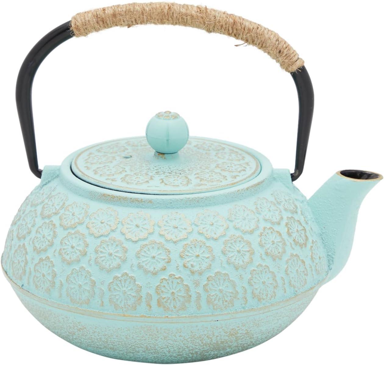 Juvale Cast Iron Tea Kettle, Japanese Floral Teapot with Loose Leaf Infuser and Trivet for Stove Top, 27 Oz, Light Blue