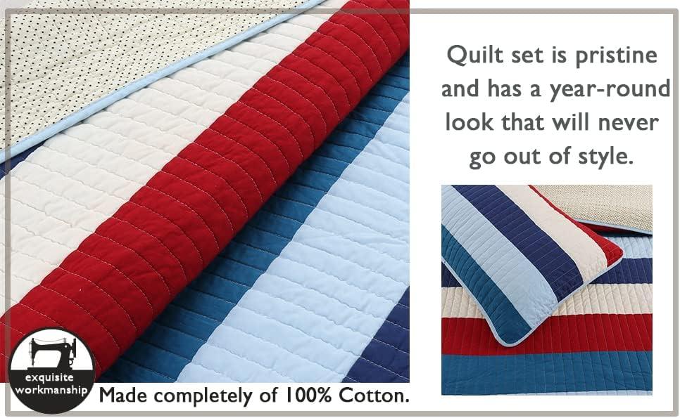 Cozy Line Home Fashions Cozy Line Ressler Stripe Reversible Cotton Quilt Bedding Set - Blue/Ivory/Red Twin 2 Piece