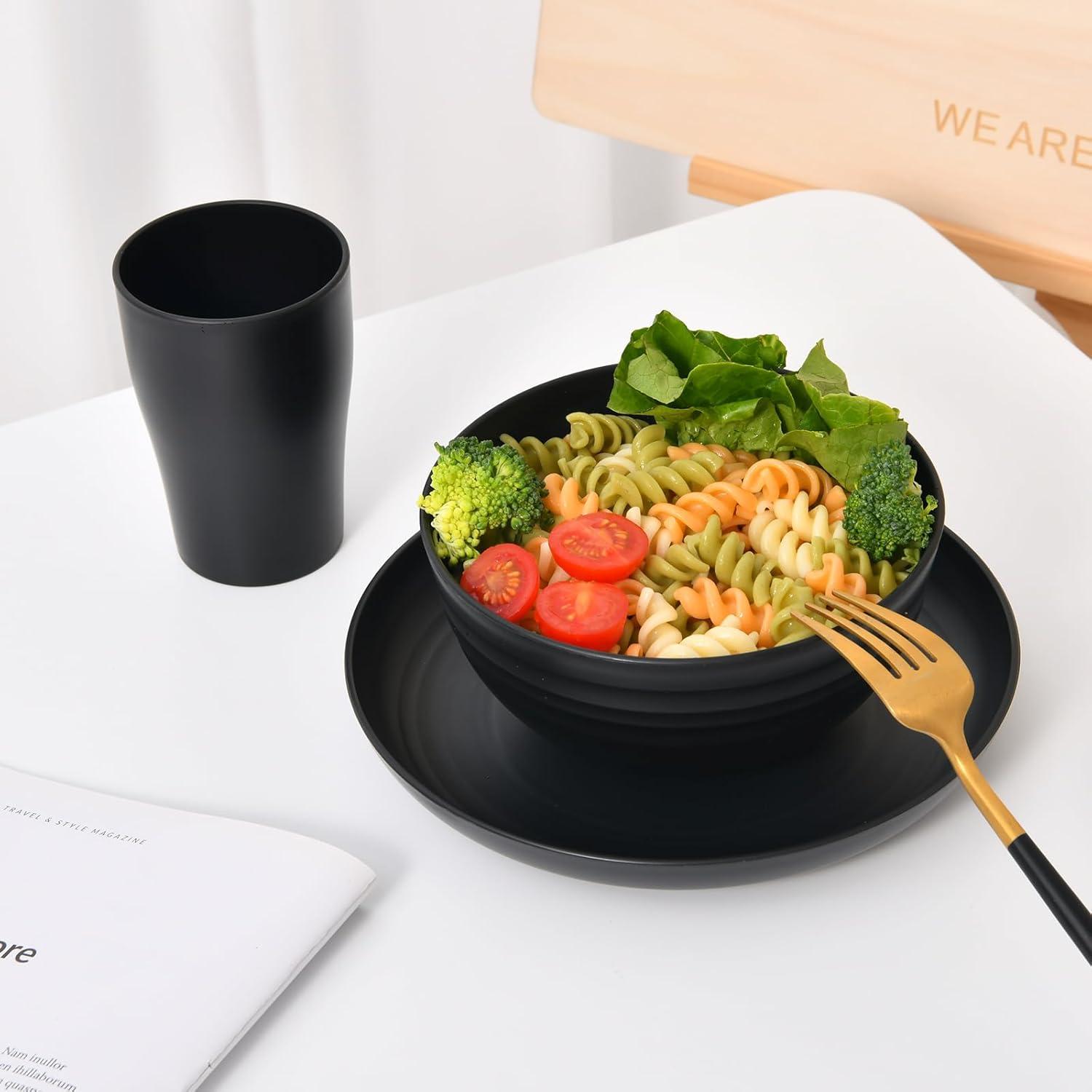 32 Pcs Wheat Straw Dinnerware Sets,Plastic Plates and Bowls Sets for 8,Unbreakable Dinnerware Set,Reusable Lightweight Black Dish Set for Kitchen,Camping,Party,RV,Dishwasher Microwave Safe