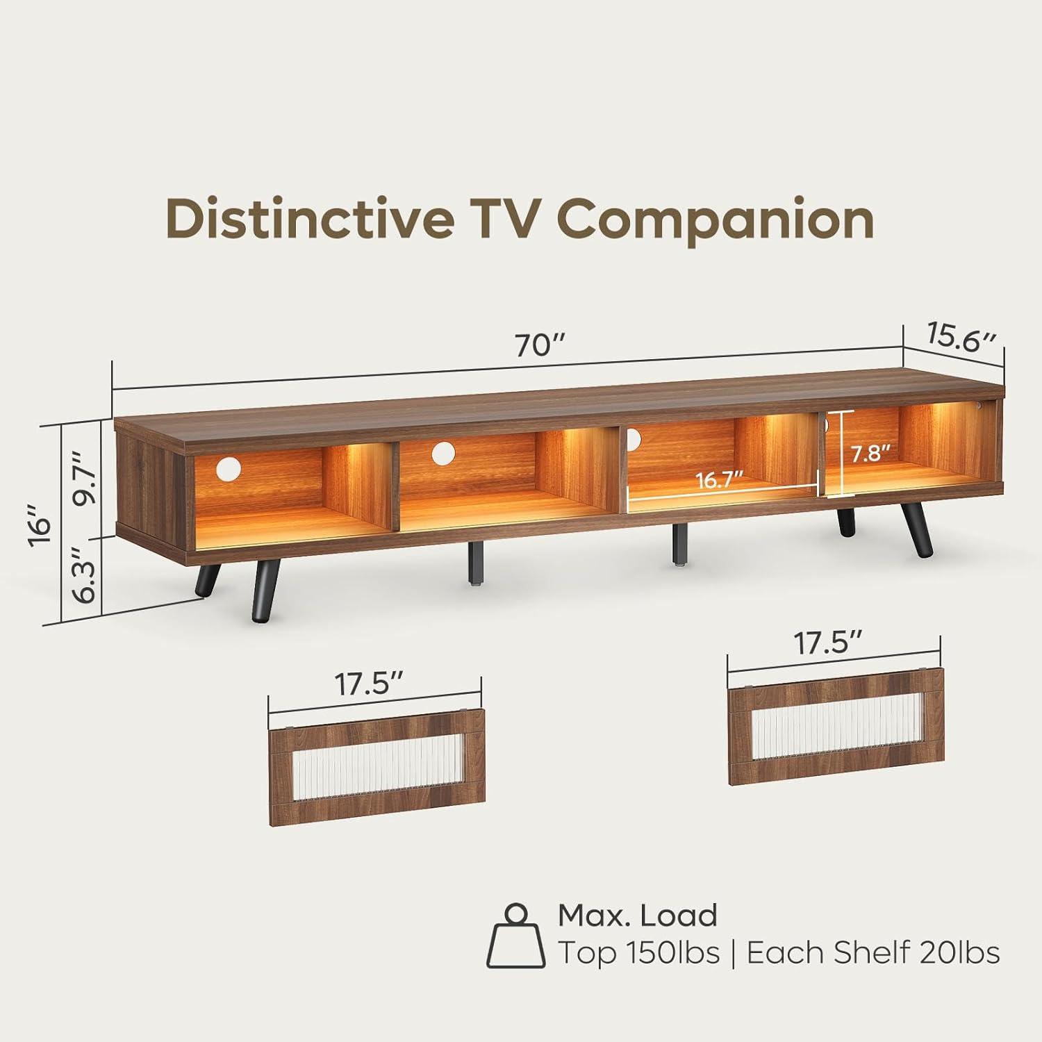 Ancona Walnut Mid Century Modern TV Stand with LED Lights