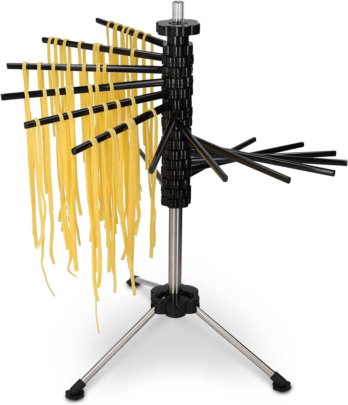 Navaris Collapsible Pasta Drying Rack - Tall Compact Spaghetti Noodle Stand with 16 Plastic Rods - Fresh Pasta Making Accessories - up to 2 kg (4.5 lbs) - Black