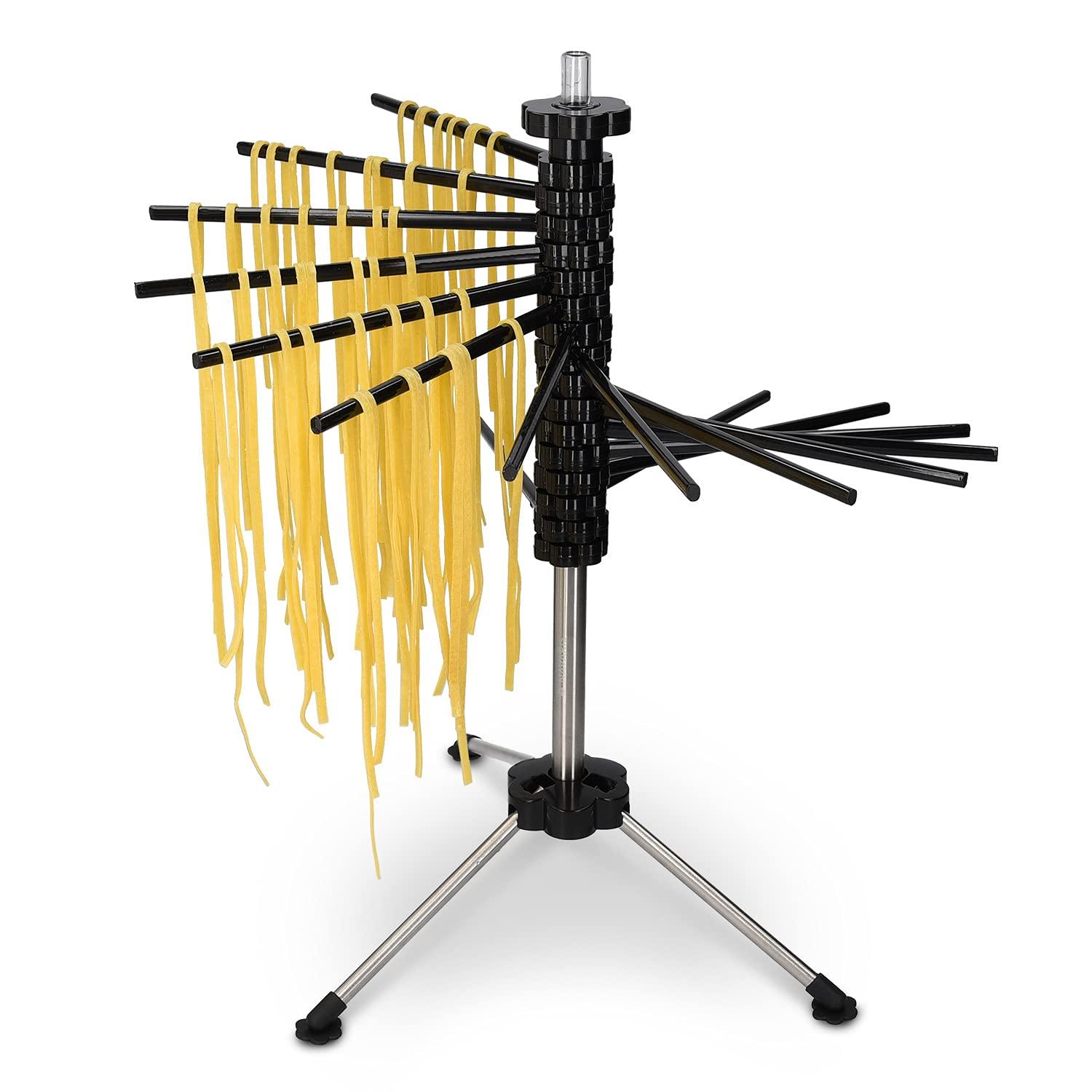 Navaris Collapsible Pasta Drying Rack - Tall Compact Spaghetti Noodle Stand with 16 Plastic Rods - Fresh Pasta Making Accessories - up to 2 kg (4.5 lbs) - Black