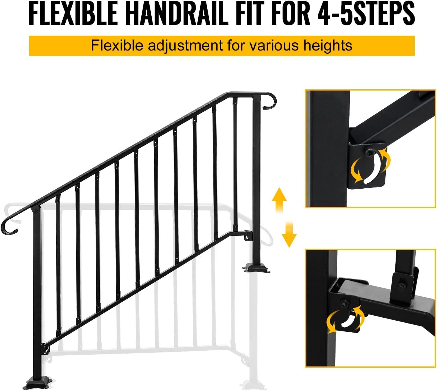 HLL Handrails for Outdoor Steps, Black Wrought Iron Handrail Fits 4 or 5 Steps, Transitional Handrail with Installation Kit, Stair Railing for Concrete Steps or Wooden Stairs