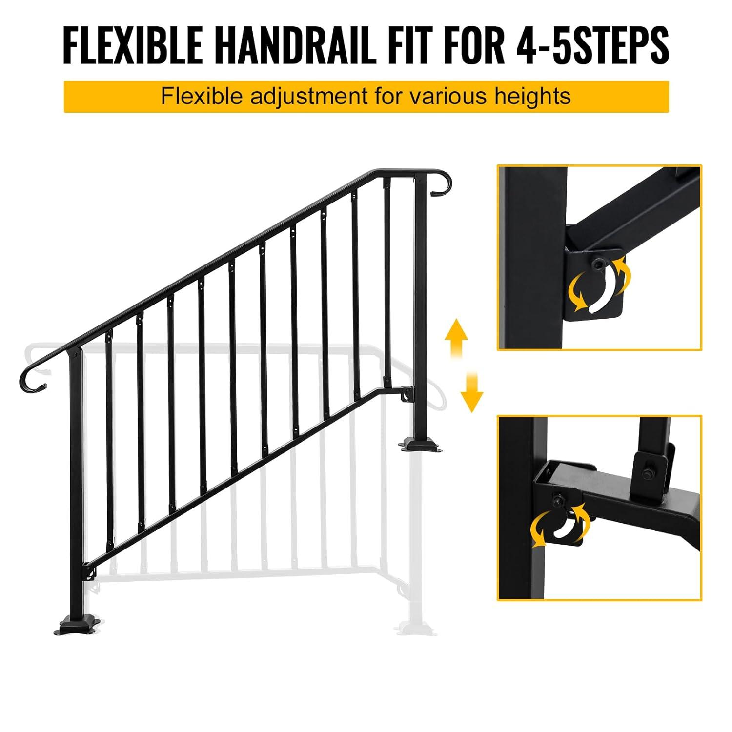 HLL Handrails for Outdoor Steps, Black Wrought Iron Handrail Fits 4 or 5 Steps, Transitional Handrail with Installation Kit, Stair Railing for Concrete Steps or Wooden Stairs