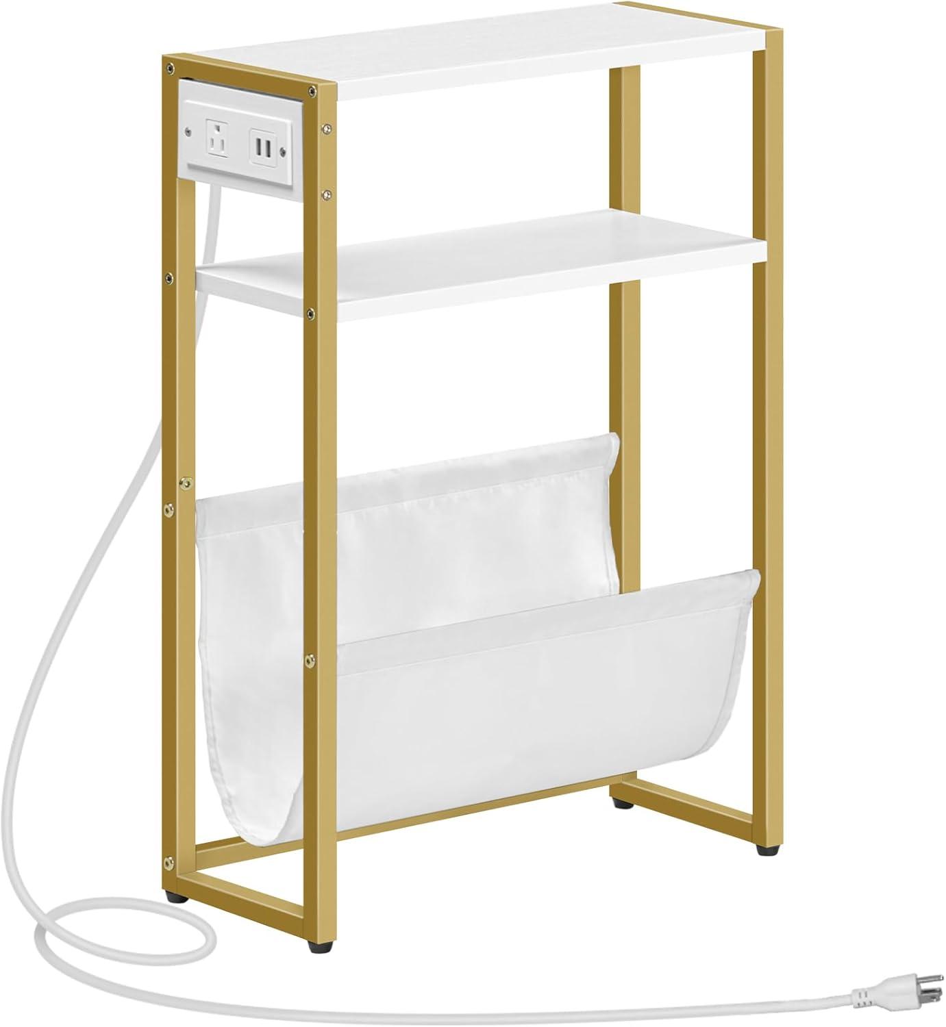 White and Gold Narrow Side Table with Charging Station and Shelves