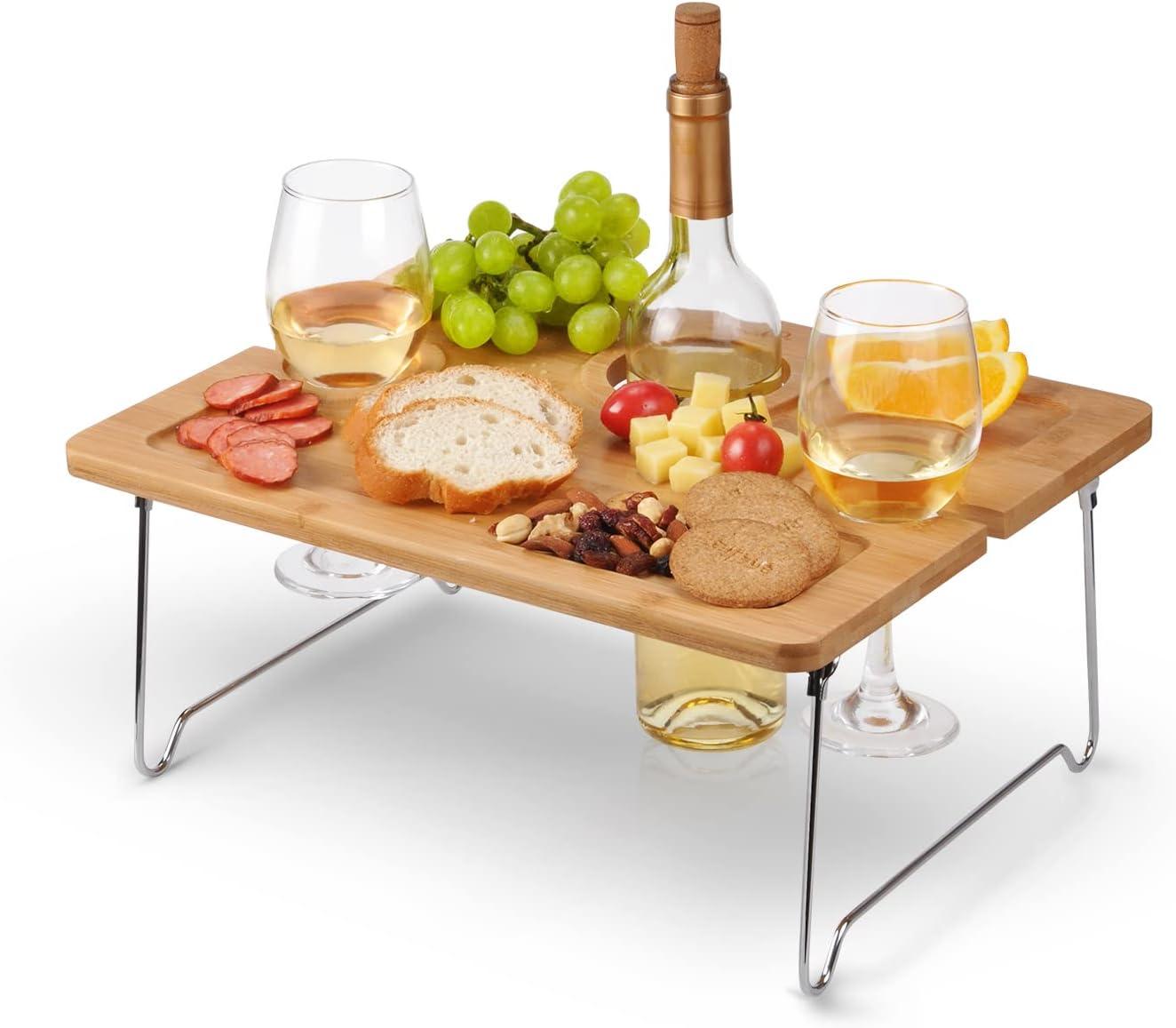 Tirrinia Bamboo Wine Picnic Table, Ideal Wine Lover Gift, Large Folding Portable Outdoor Snack & Cheese Tray for Concerts at Park, Beach