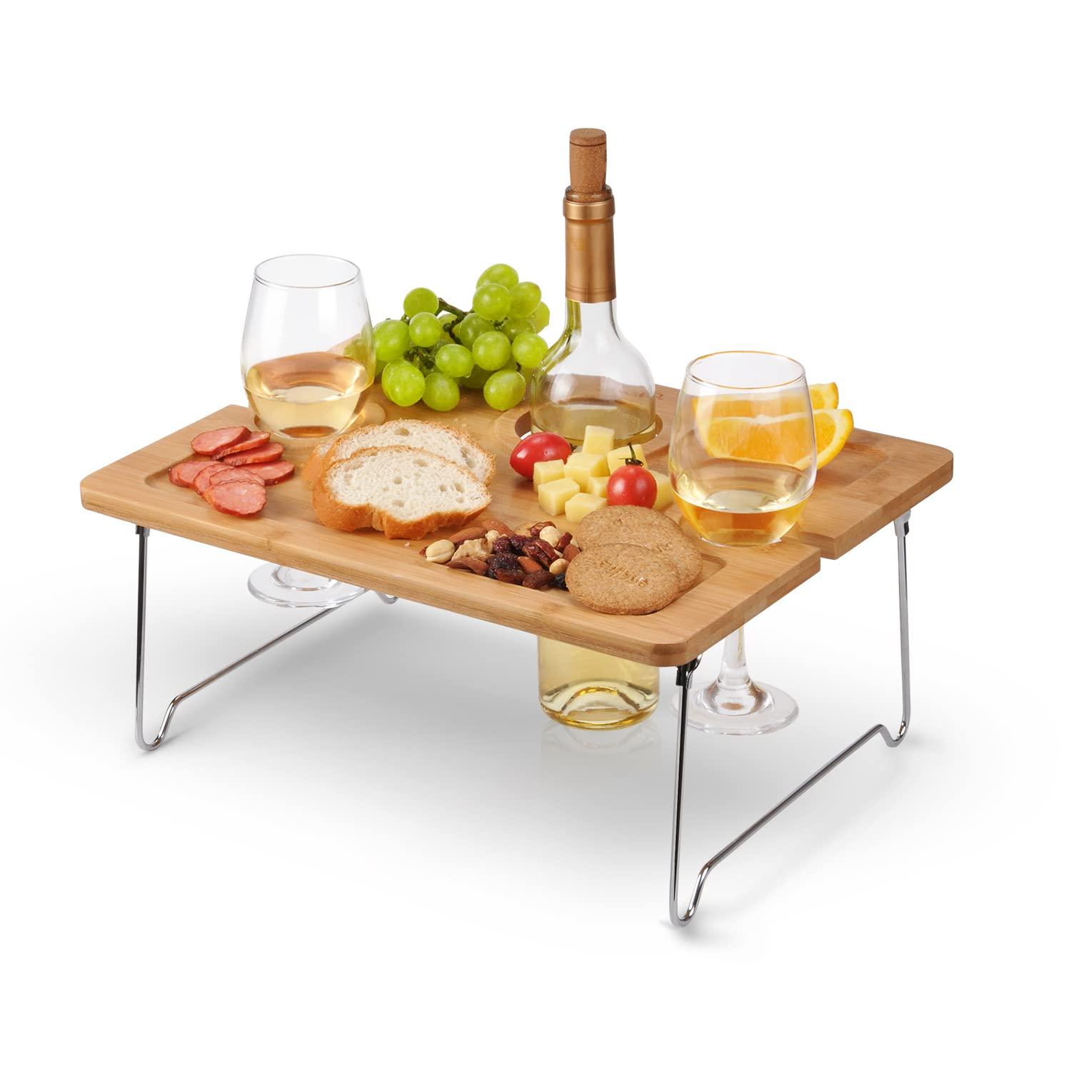 Tirrinia Bamboo Wine Picnic Table, Ideal Wine Lover Gift, Large Folding Portable Outdoor Snack & Cheese Tray for Concerts at Park, Beach