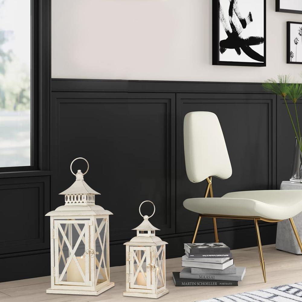 Lanterns Decorative Outdoor&Indoor, Set of 2 (14"&10") Beige Metal Lantern Decor with Glass, Candle Holder for Porch, Patio, Garden, Balcony, Wedding, Table Centerpiece