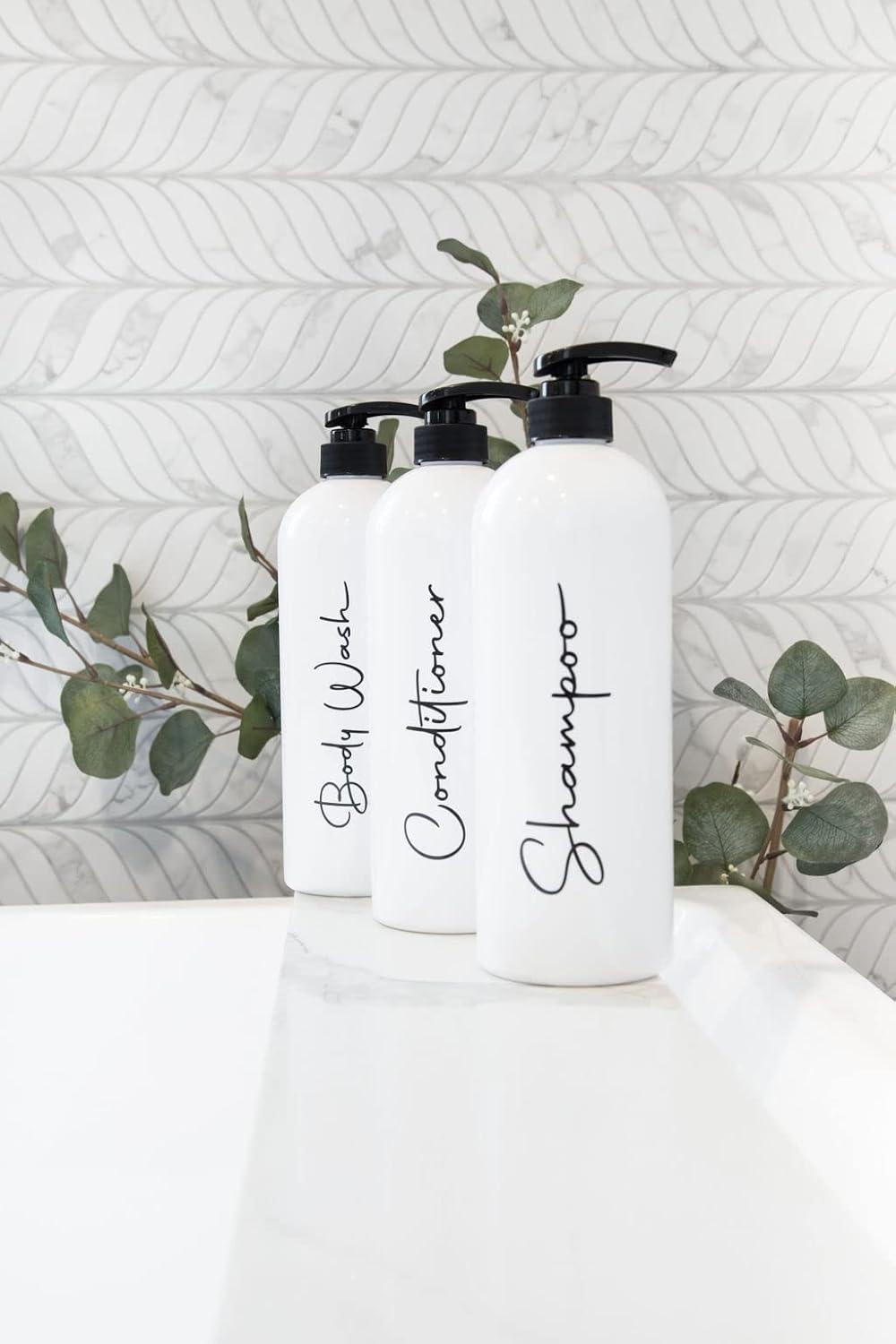 Alora 32oz Reusable Shampoo and Conditioner Bottles - Set of 3 - White - Easy to read Lettering - Pump Bottle Dispenser for Shampoo, Conditioner, Body Wash - Empty Plastic Refillable Containers