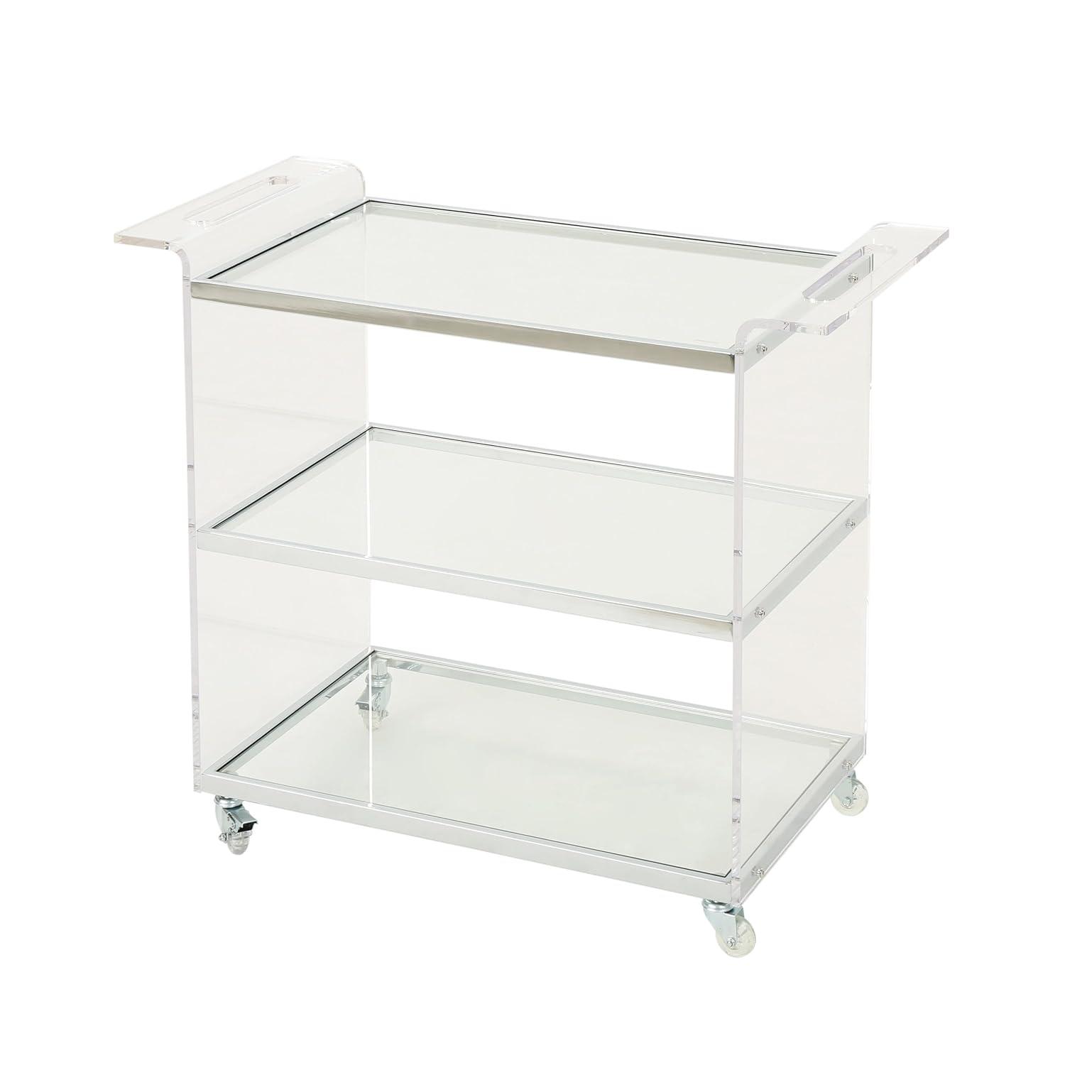 Yves Acrylic Bar Trolley Clear - Christopher Knight Home: Tempered Glass Shelves, Modern Serving Cart with Casters/Wheels