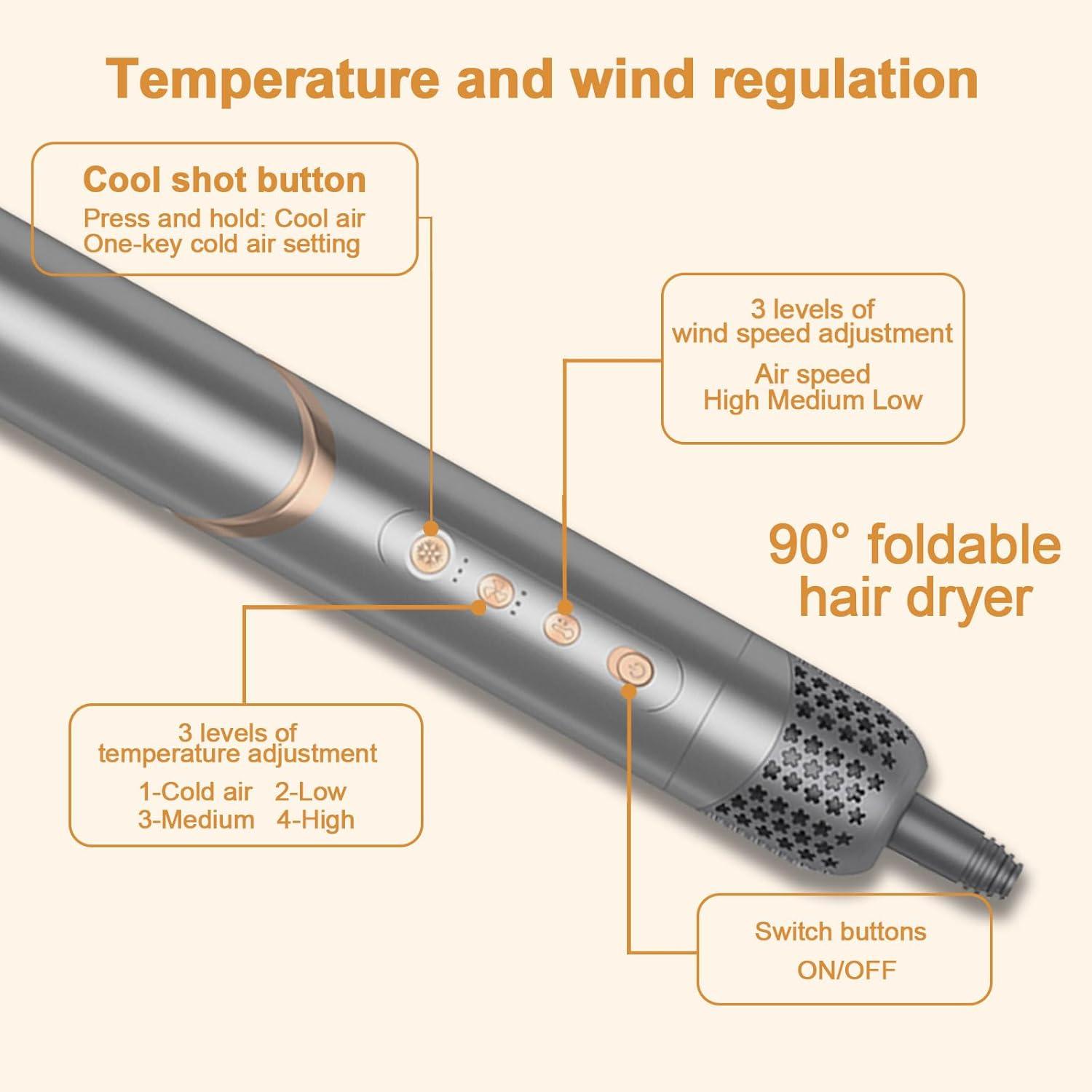 Dryhsip 5-in-1 Foldable Hair Dryer Brush, Ionic Hot Air Styler for Curling/Straightening/Volumizing, 3 Heat/Speed Settings, Travel-Friendly, Gray