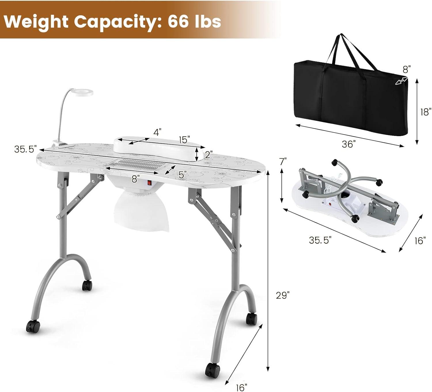 White Foldable Manicure Table with LED Lamp and Dust Collector