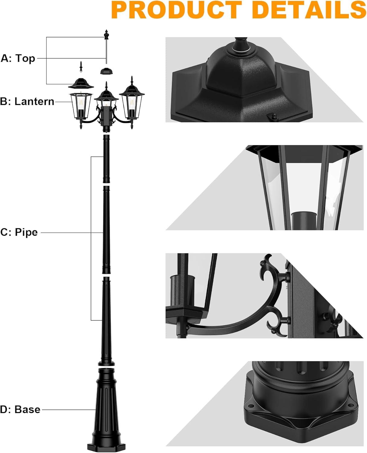 HORTUZZ Lamp Post Outdoor Lighting, 3-Head Black Hard Wired Pole Light for Outside, E26 Base Maximum 100W (Bulb Not Included), Waterproof Street Light Fixture for Yard, Garden, Driveway (Classic)