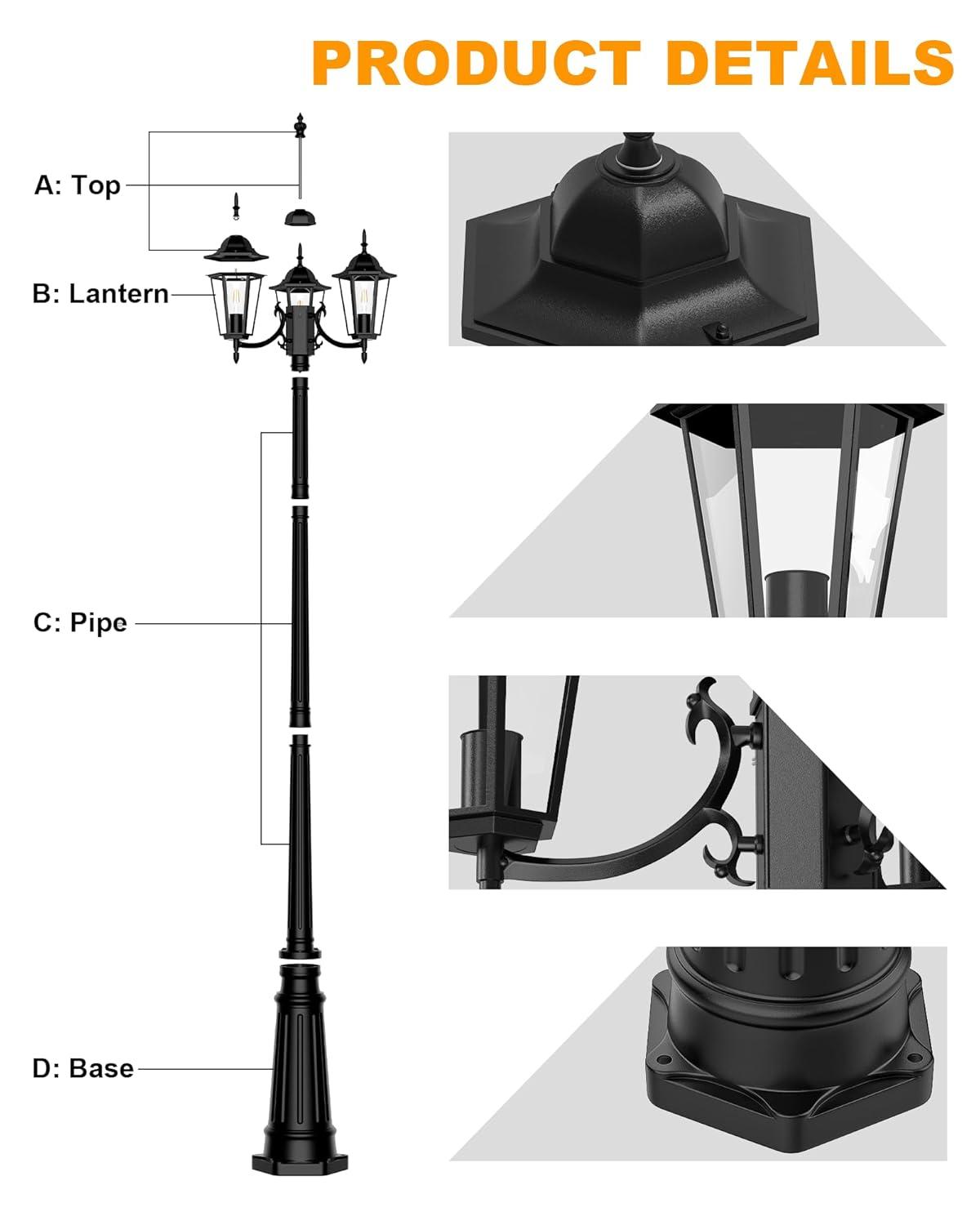 HONGKONG YEEZEN LIGHTING CO., LIMITED Lamp Post Outdoor Lighting, 3-Head Black Hard Wired Pole Light For Outside, E26 Base Maximum 100W (Bulb Not Included), Waterproof Street Light Fixture For Yard, Garden, Driveway (Classic)