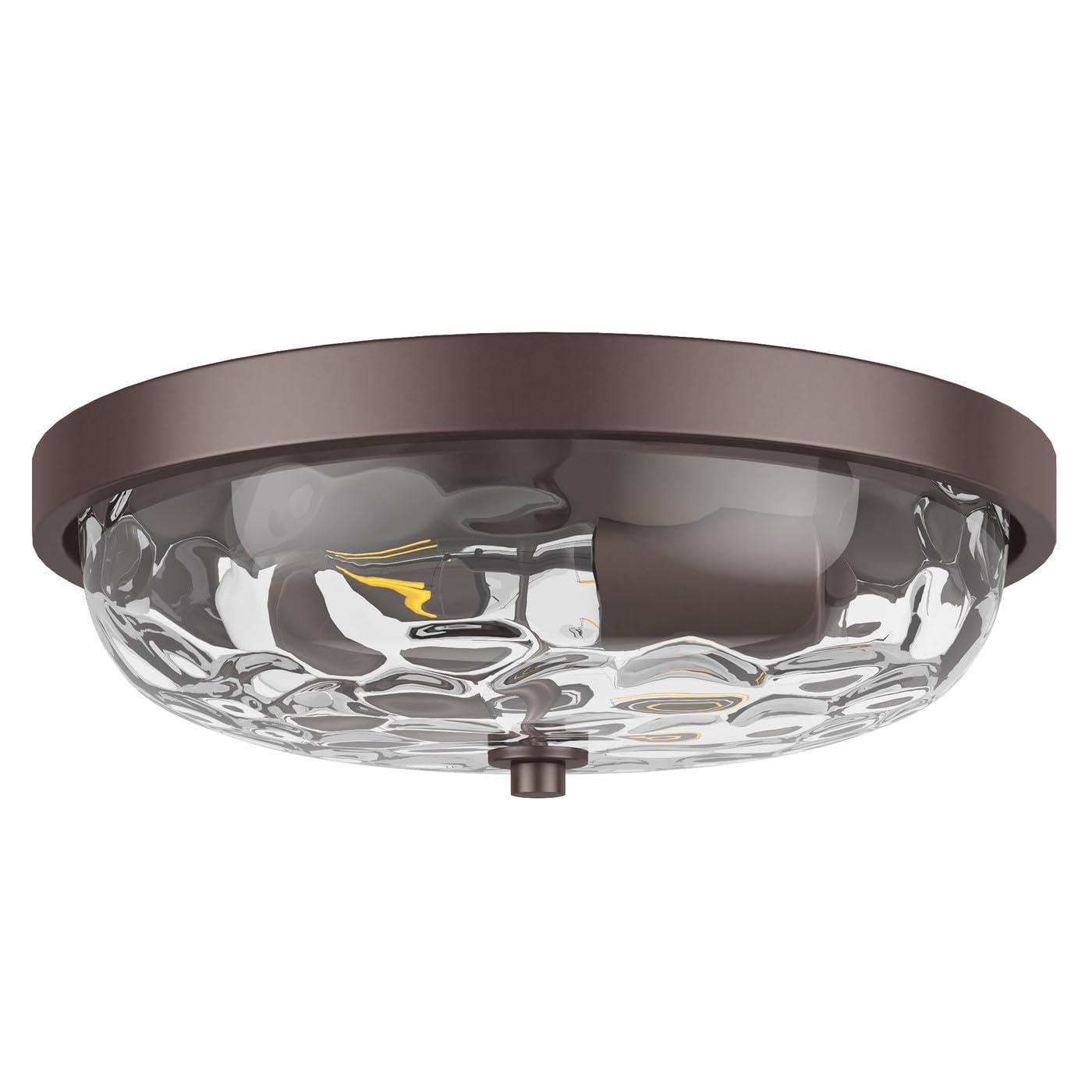 Aiwen Modern 12.99 in 2 Light Close to Ceiling Lights Farmhouse Oil Rubbed Bronze Flush Mount Ceiling Light Fixture with Water Ripple Glass Shade for Bedroom Hallway E26