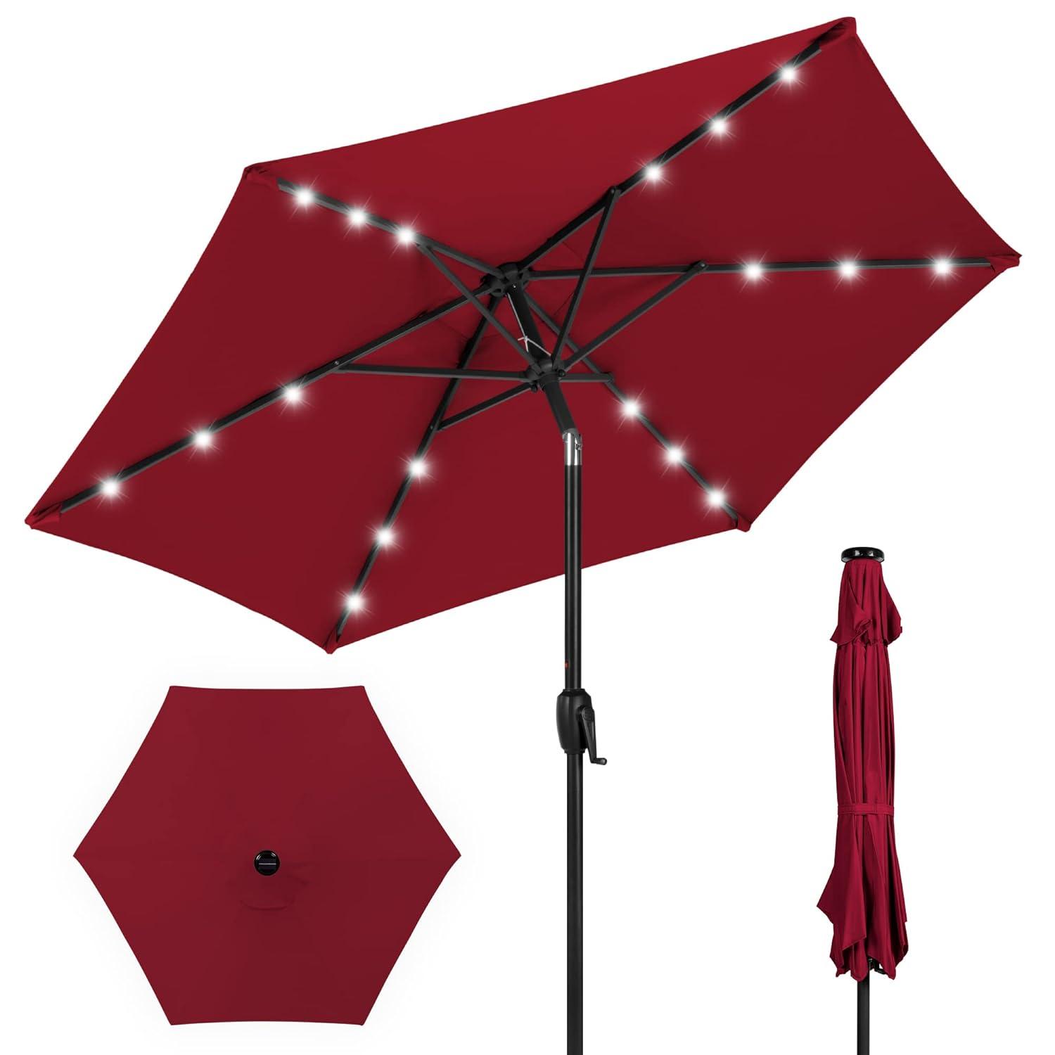 Best Choice Products 7.5ft Outdoor Solar Patio Umbrella for Deck, Pool w/ Tilt, Crank, LED Lights - Burgundy