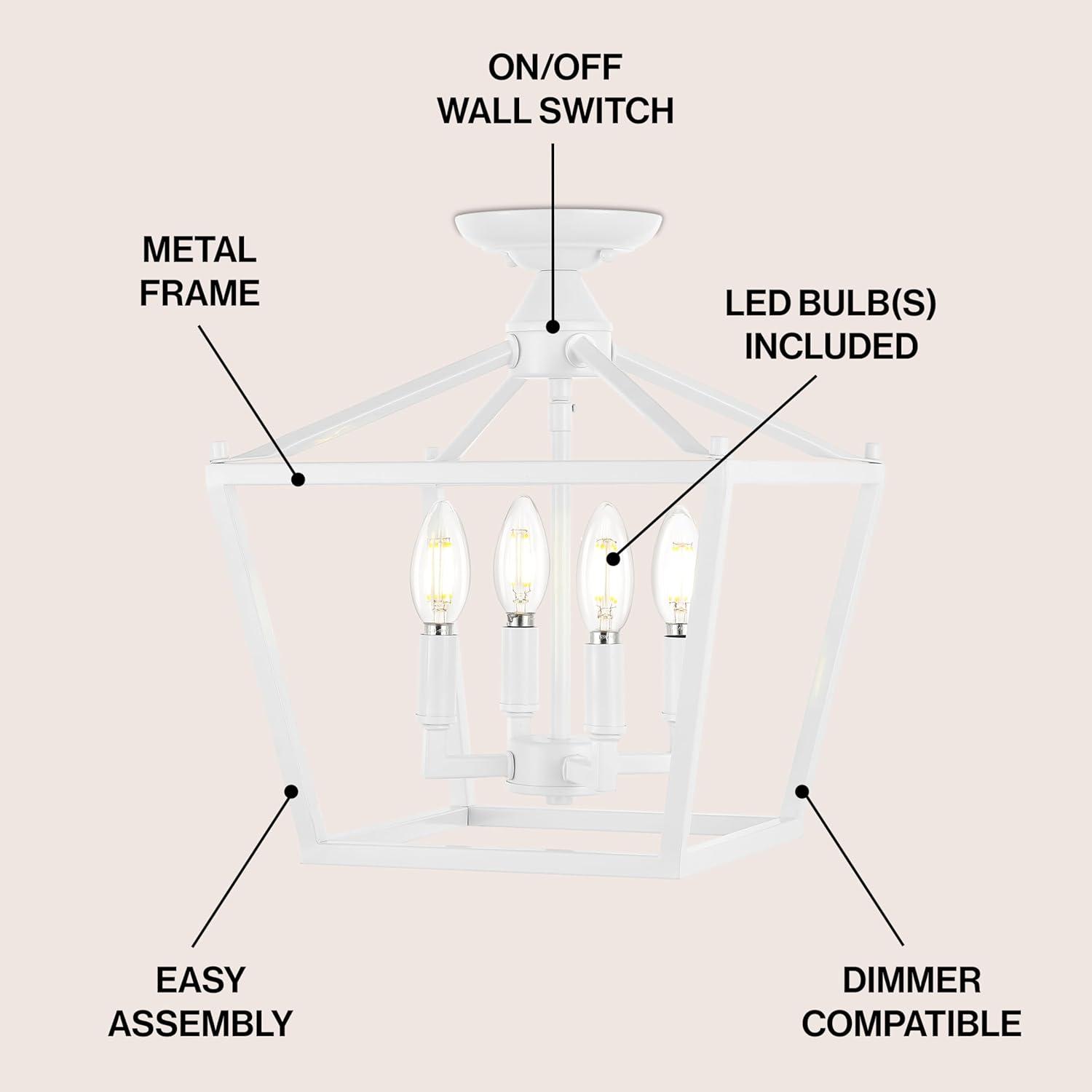 Plains Mini Lantern 12 in. 4-Light Iron Modern Farmhouse LED Flush Mount, White