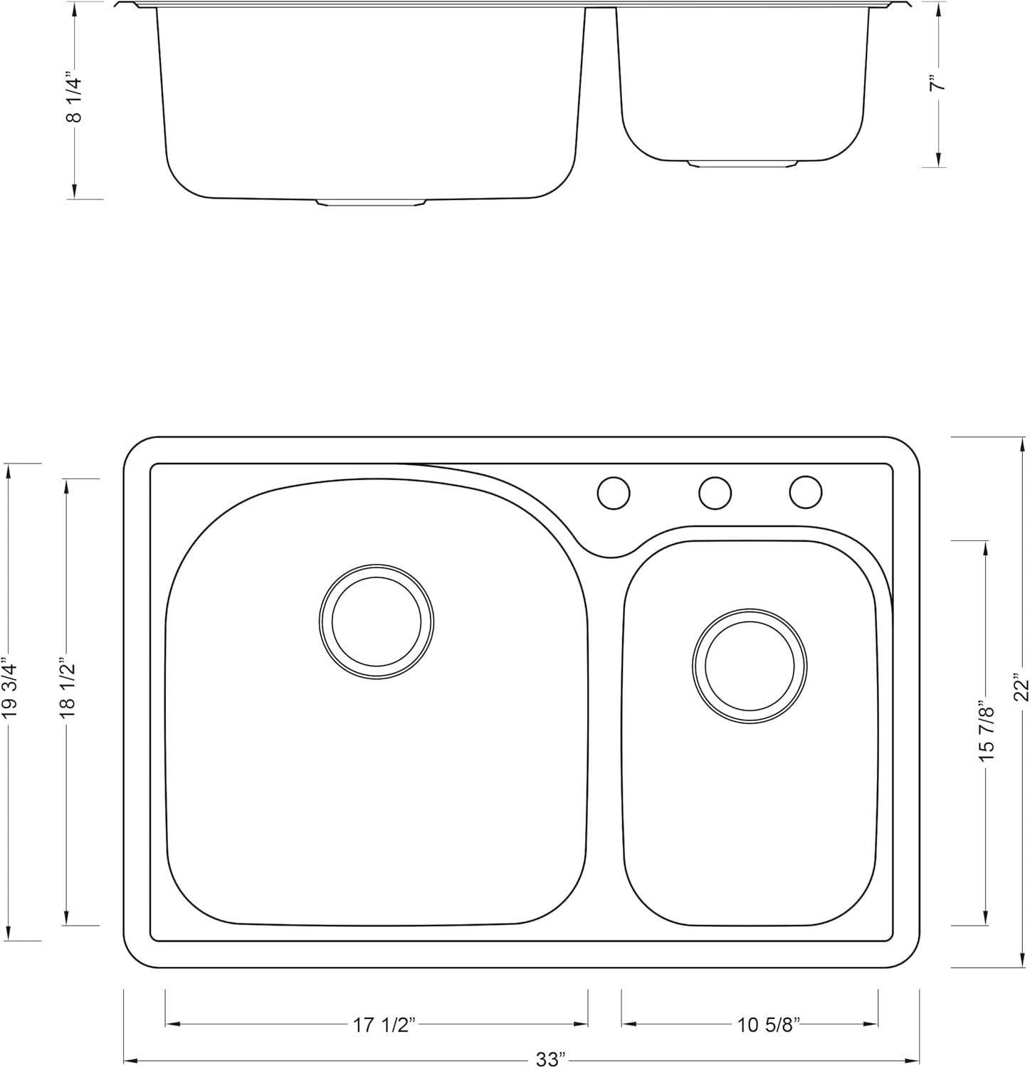 33'' Brushed Stainless Steel Double Bowl Kitchen Sink with Strainer