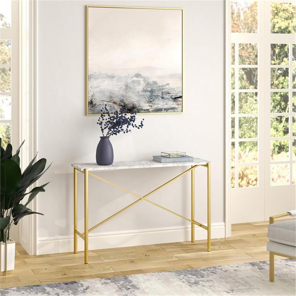 Evelyn&Zoe Braxton 46" Wide Rectangular Console Table with Faux Marble Top, Gold