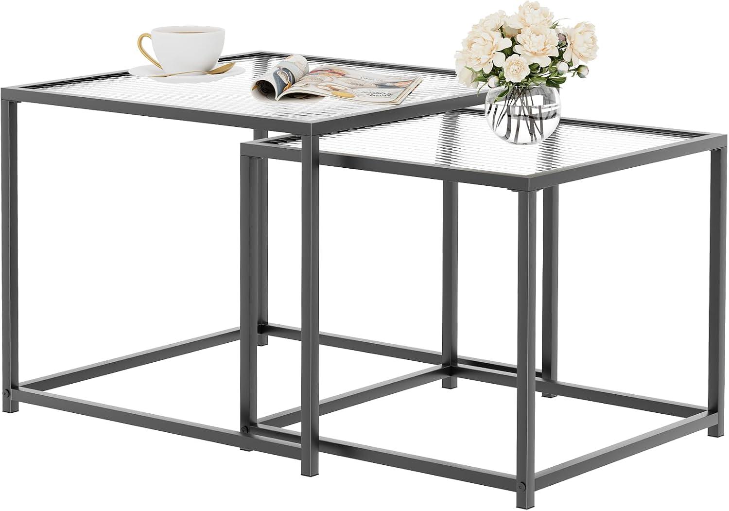 VILAWLENCE Coffee Table Set of 2, Modern Black Patterned Glass Side Table, Metal Frame Square End Table, Center Tables Nesting Coffee Table for Living Room,Bedroom and Small Spaces
