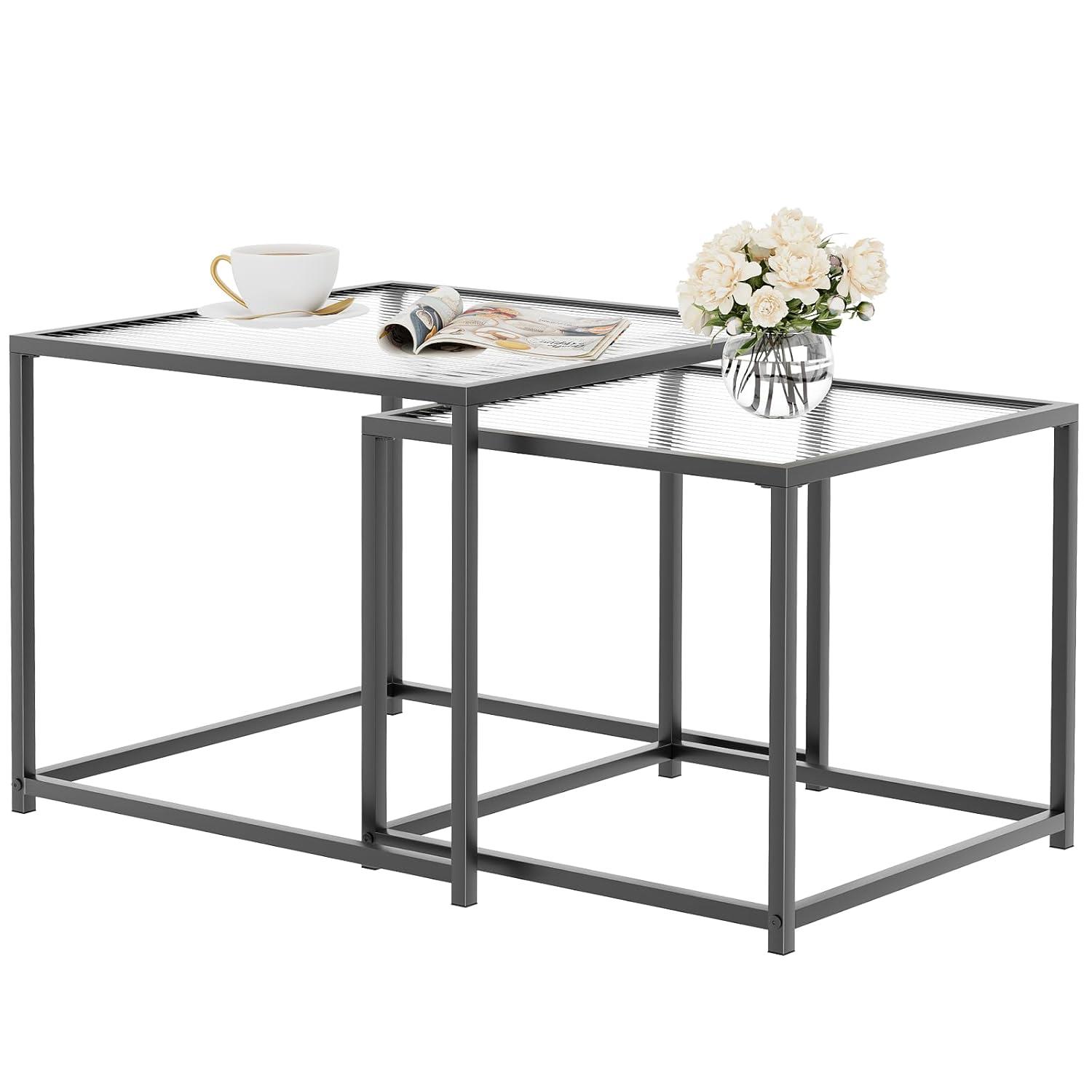 VILAWLENCE Coffee Table Set of 2, Modern Black Patterned Glass Side Table, Metal Frame Square End Table, Center Tables Nesting Coffee Table for Living Room,Bedroom and Small Spaces