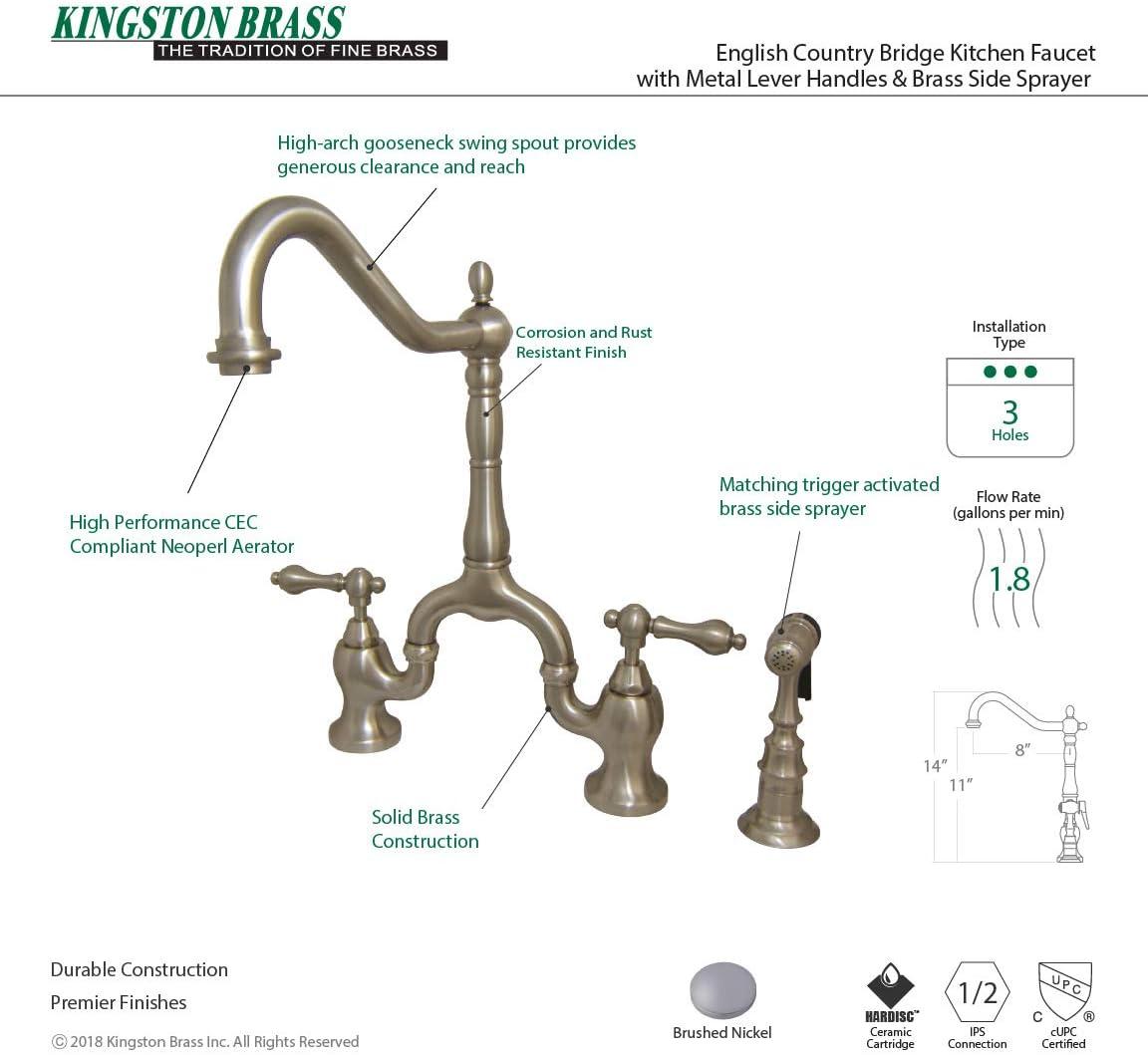 Kingston Brass English Country Two-Handle 3-Hole Deck Mount Bridge Kitchen Faucet with Brass Side Sprayer