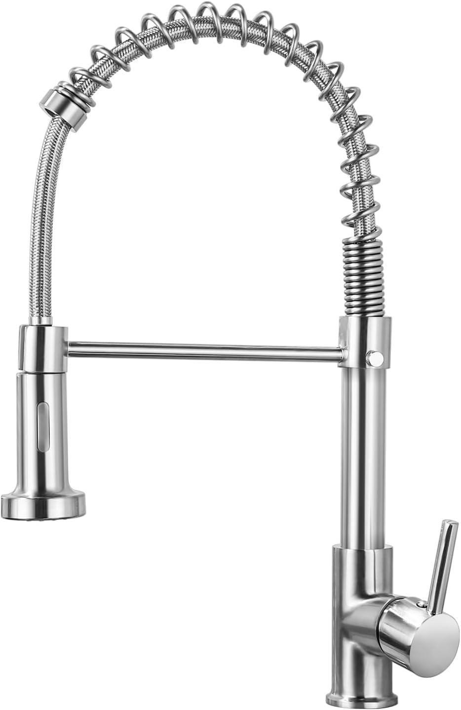 Besdor Kitchen Faucet with Pull Down Sprayer, Spring Single Handle Faucet for Kitchen Sink, Two Function Sprayer, 360-degree Rotation, with Deck Plate, 304 Food Grade Stainless Steel, Brushed Nickel