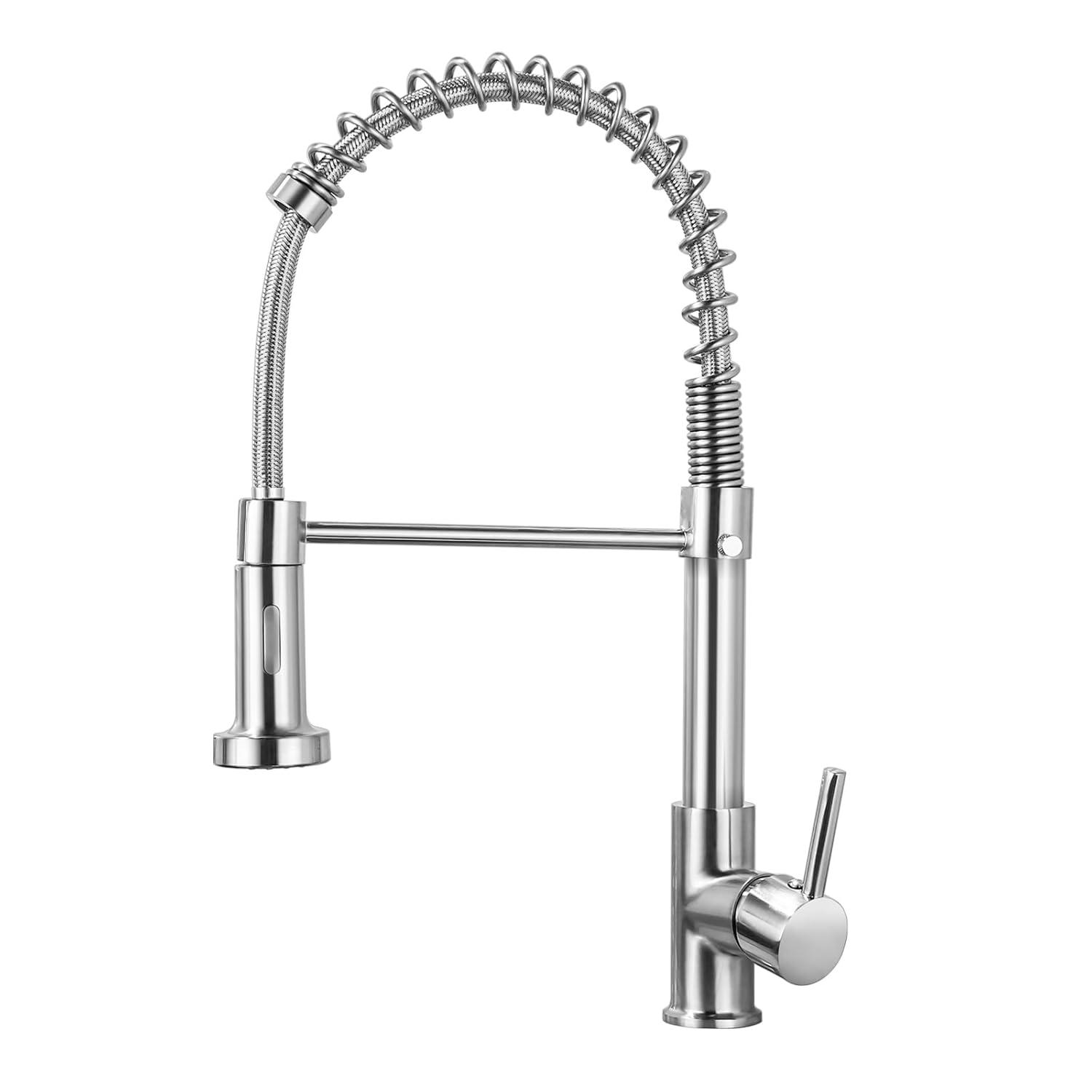 Besdor Kitchen Faucet with Pull Down Sprayer, Spring Single Handle Faucet for Kitchen Sink, Two Function Sprayer, 360-degree Rotation, with Deck Plate, 304 Food Grade Stainless Steel, Brushed Nickel