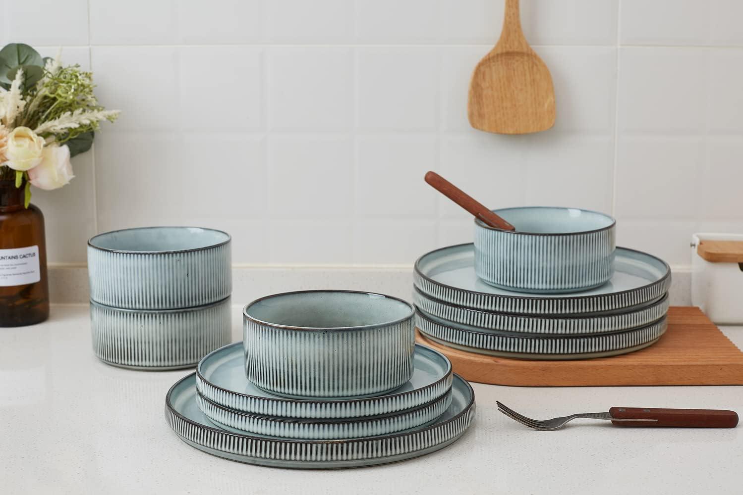 Famiware Star Stoneware Dinnerware Sets, Plates and Bowls Set for 4, 12 Piece Dish Set, Smoky Blue