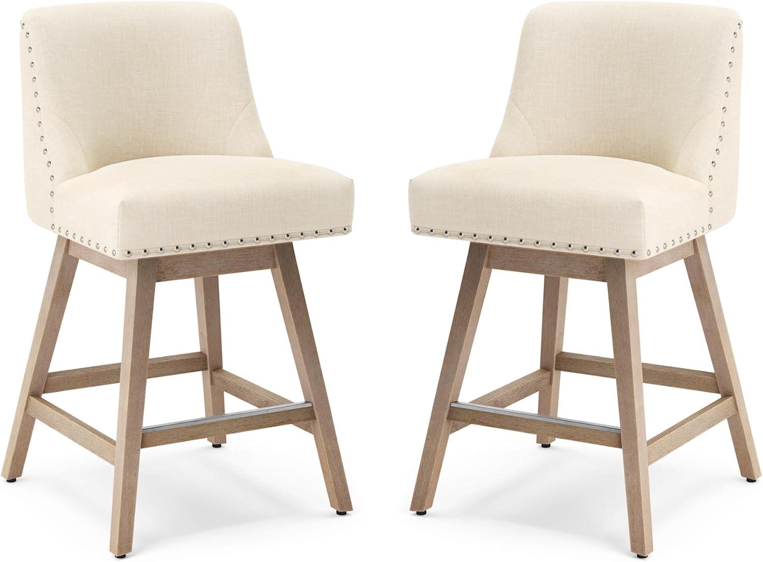 LUE BONA Set of 2 Beige 26-in H Counter height (24-in to 27-in) Square Seat Upholstered Swivel Wood Back Bar Stool Back