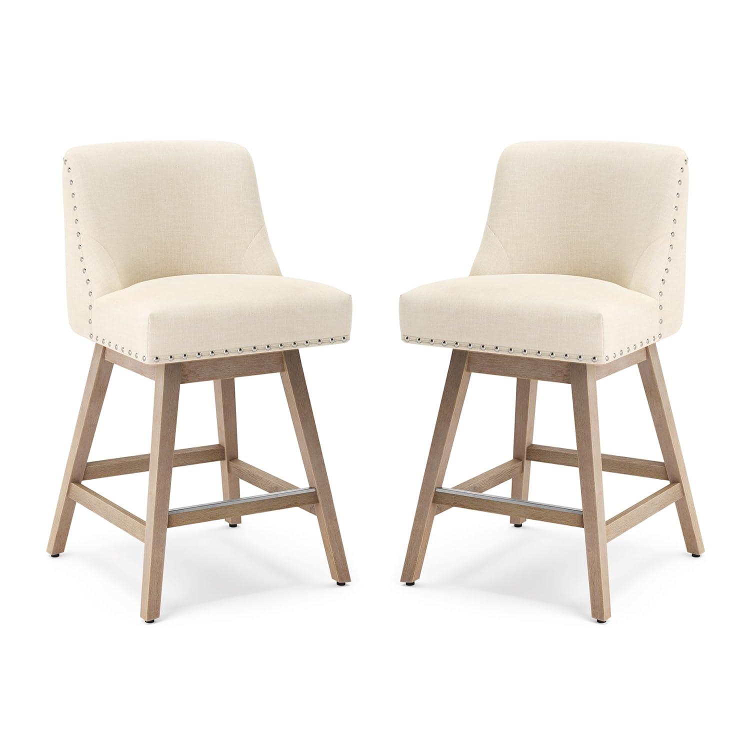 LUE BONA Set of 2 Beige 26-in H Counter height (24-in to 27-in) Square Seat Upholstered Swivel Wood Back Bar Stool Back
