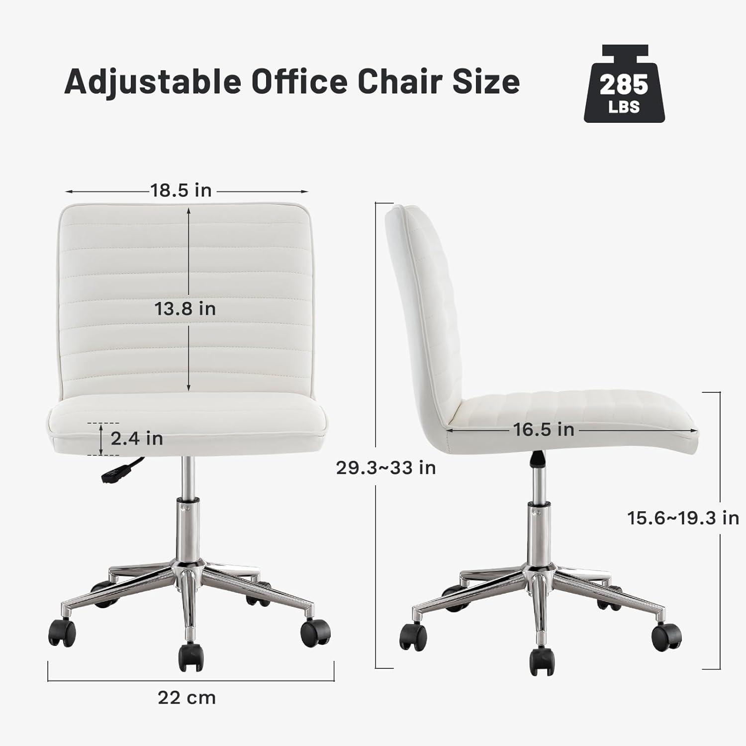 Furniliving Modern PU Leather Armless Office Chair Adjustable Swivel Office Desk Chair with Wheels Task Chair for Home Office, White