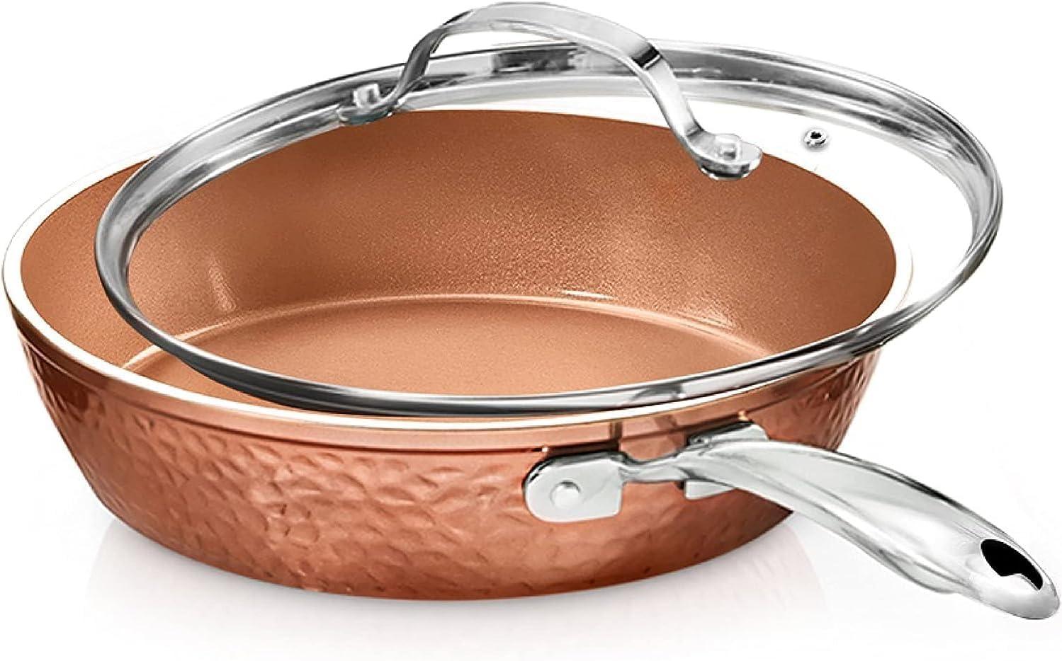 Gotham Steel Hammered Copper 12'' Nonstick Frying Pan with Lid, Stay Cool Handle, Oven & Dishwasher Safe