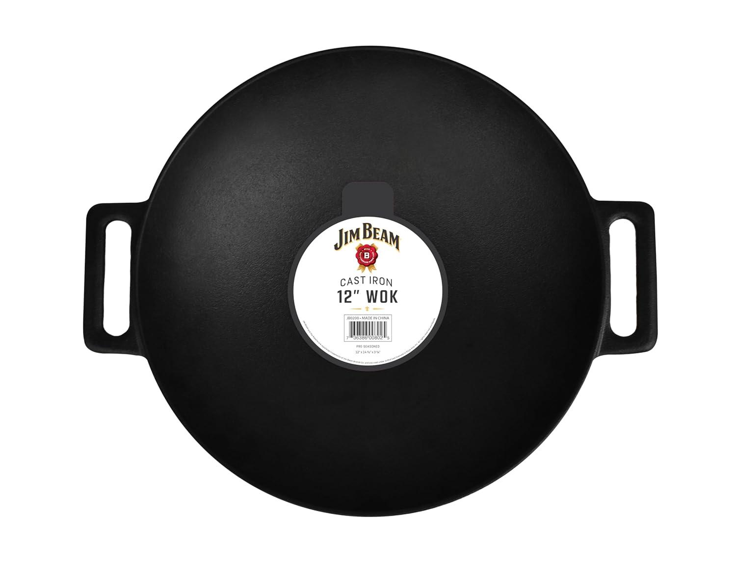 Cast Iron Wok, Jim Beam 12'' Grilling Wok, Pre Seasoned Cast Iron Wok with Handles, Wok Provides Superior Heat Retention and Even Cooking, Cast Iron Wok for Grill and Oven use