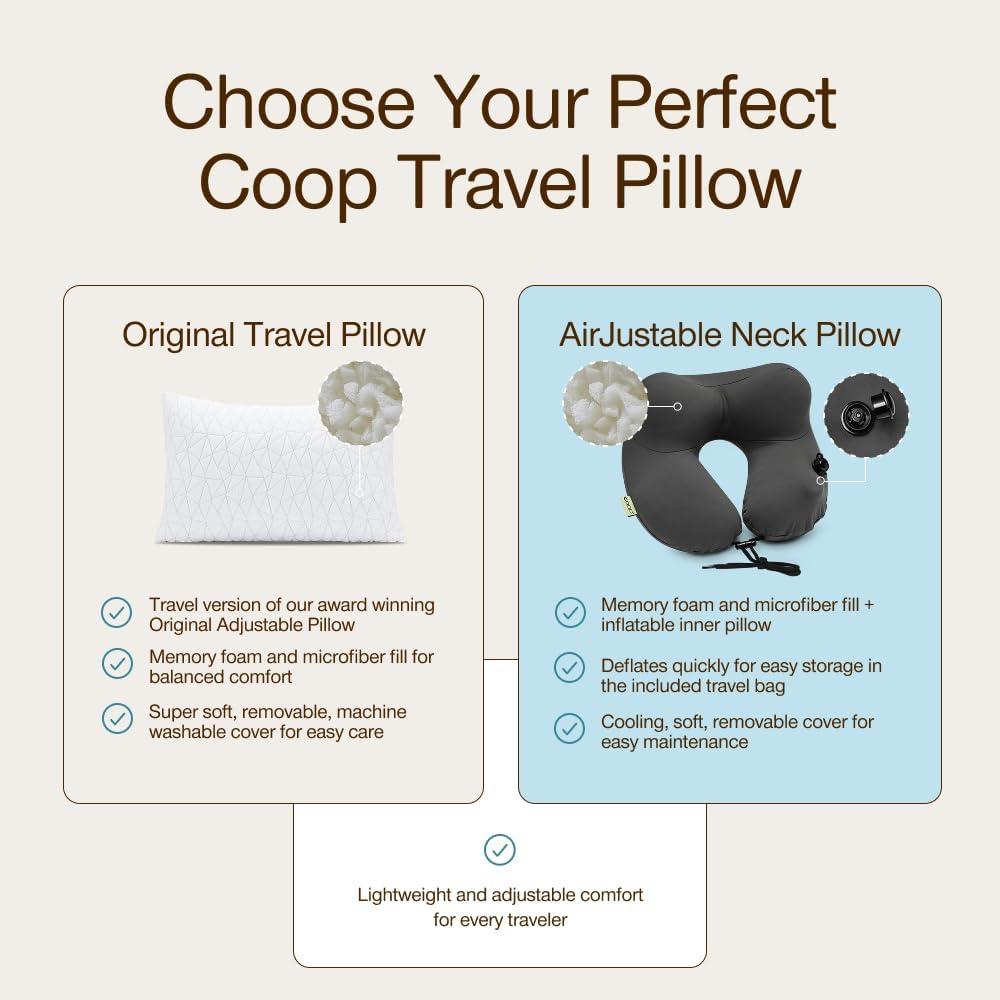 Coop Home Goods Adjustable Travel Pillow - 1 Camping Pillow and 1 Grey Pillowcase Bundle w/ Compressible Stuff Sack