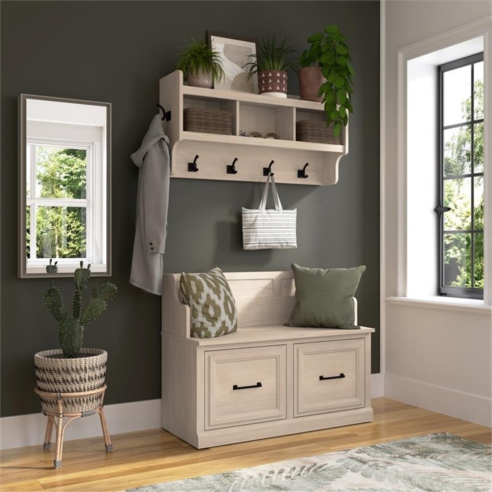 Woodland 40W Hall Tree and Shoe Bench w/ Doors in White Maple - Engineered Wood