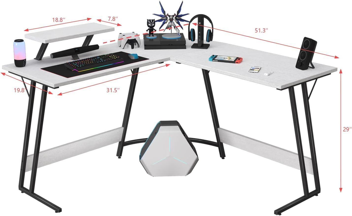 CL.HPAHKL L Shaped Desk Corner Gaming Desk Table with Large Monitor Riser Stand Computer Desk with Large Desktop Studying and Working and Gaming for Home and Work Place（ White 51 Inch ）
